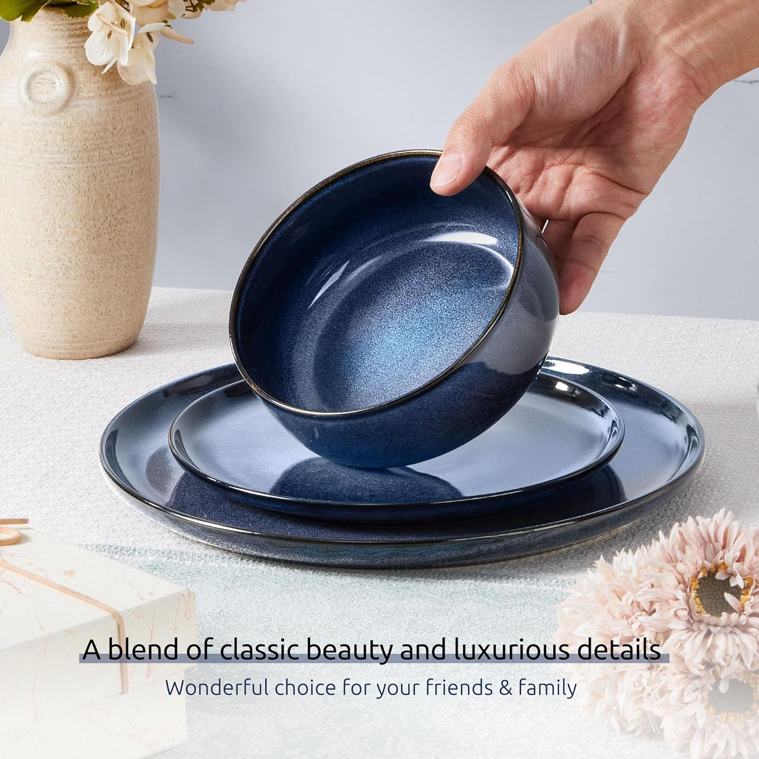 Homikit 12 Piece Dinner Set, Reactive Glaze Kitchen Dinnerware Sets for 4, Elegant Stoneware Included Plates and Bowls, Non-Scratch & Sturdy, Dishwasher & Microwave Safe, Nebulas Blue - Image 5