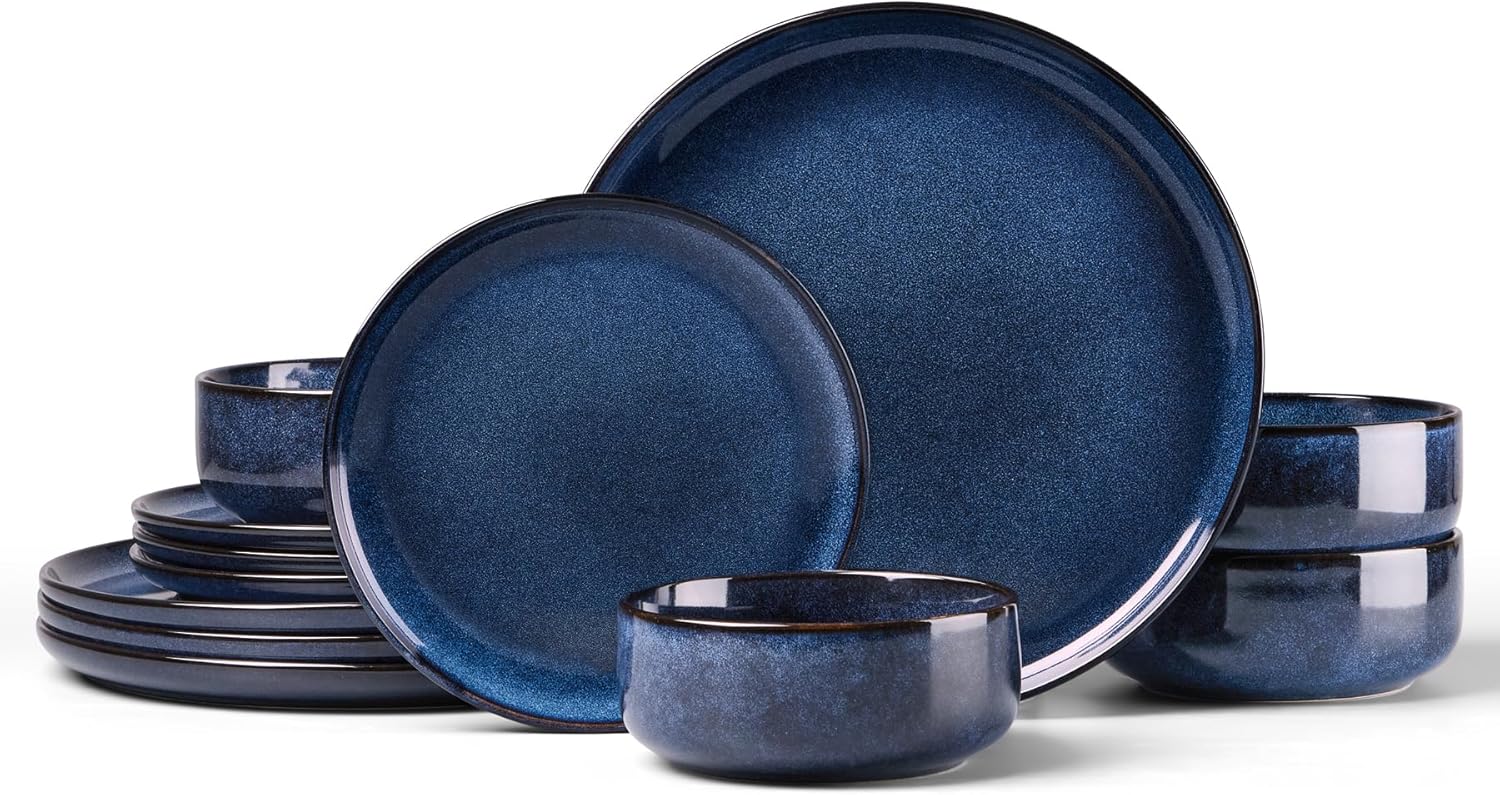 HaWare Dinner Set, 12 Piece Stoneware Dinnerware Service for 4, Reactive Glaze Dining Ware Include Plates and Bowls, Chip and Scratch Resistant, Microwave & Dishwasher Safe, Nebulas Blue