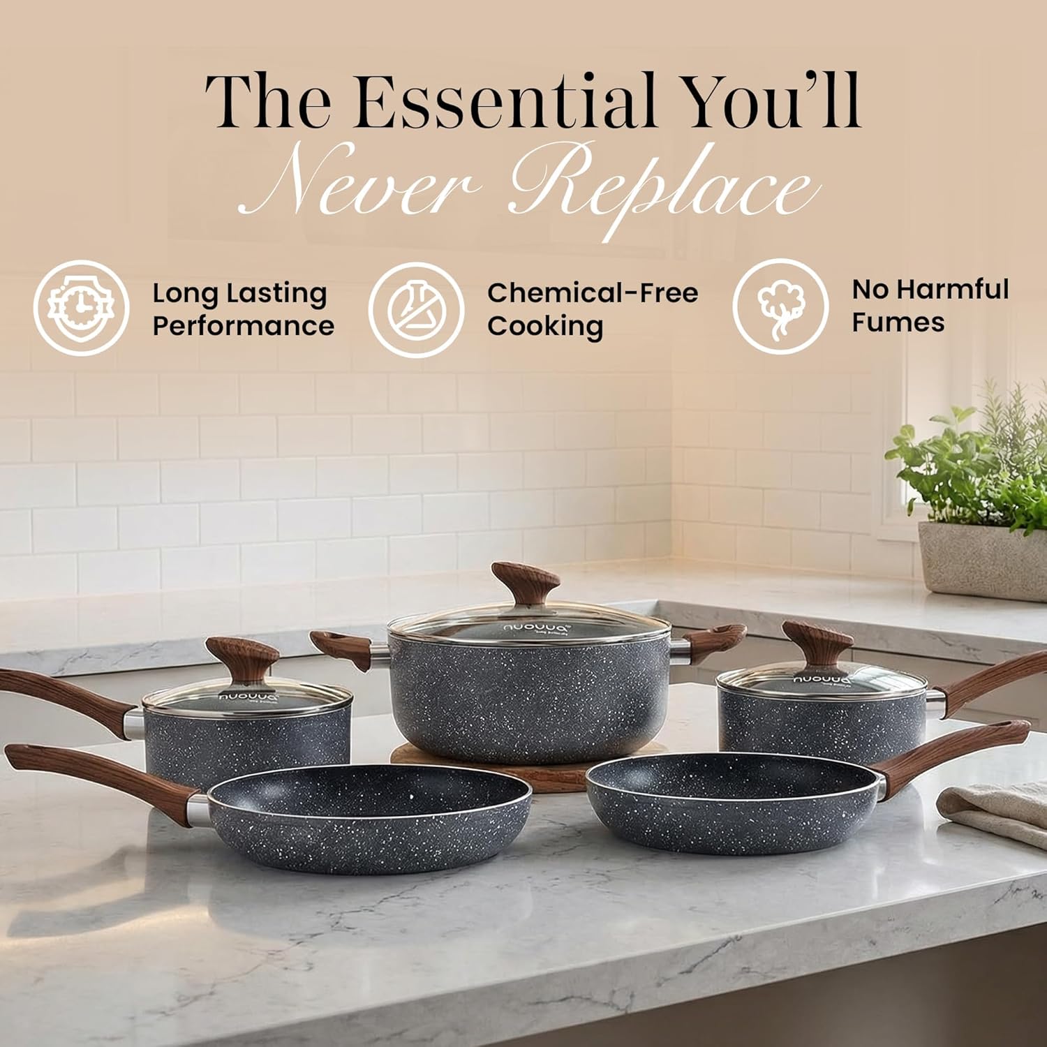 Non Stick Pots and Pans Set – Induction Hob Pot Set – 8pcs Kitchen Cookware with Lids – Cooking Marble Saucepan Pots and Frying Pans – by Nuovva - Image 7