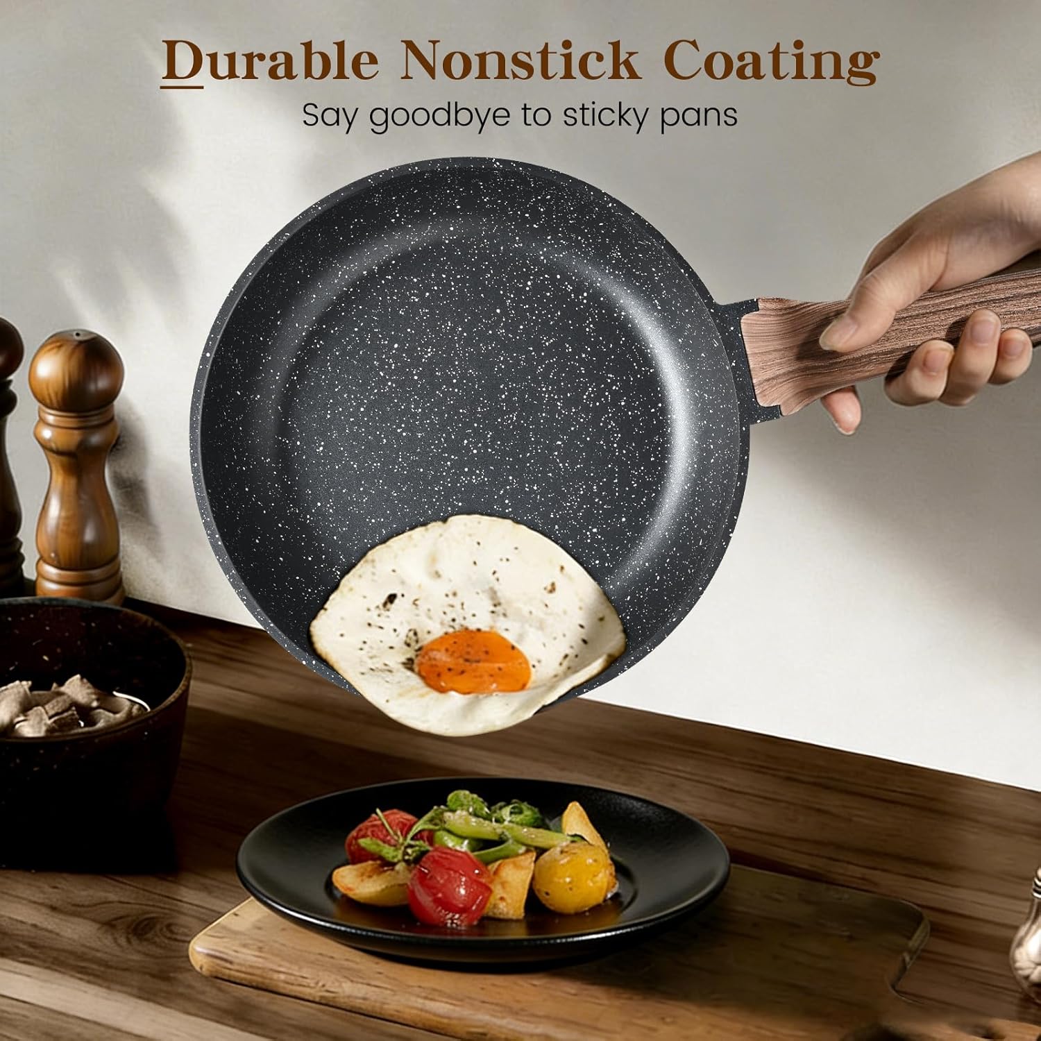Terlulu Induction Hob Pots and Pans Set - 13pcs Nonstick Cooking Pans Set, Black Granite Cookware Set with Lid, Non Stick Saucepan Set, Frying Pan Set, PFAS PTFE PFOA PFOS Free - Image 4