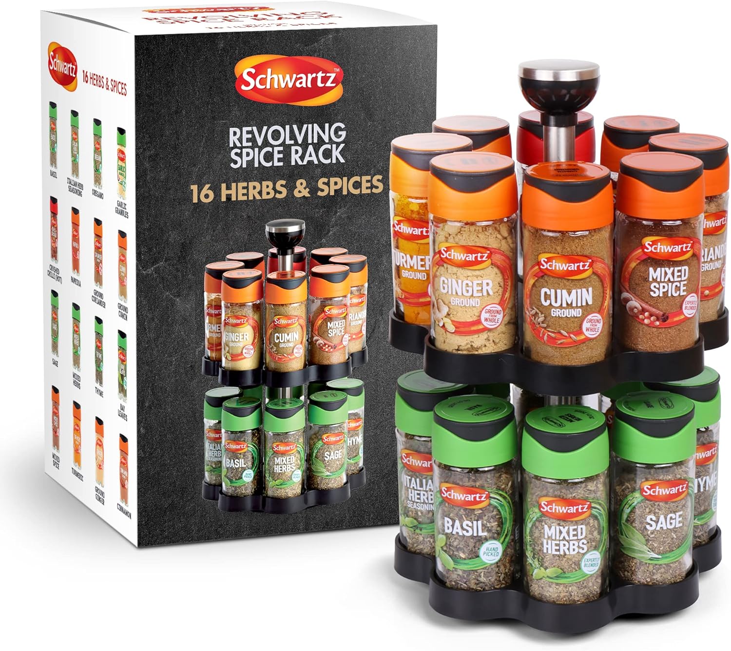 Schwartz Rotating Spice Rack, Space Saving, Includes 16 Herbs and Spices Jars for your Favourite Dishes, 373 G , 18cm (W) x 26cm (H), Engraved Schwartz Logo on Handle, 1 Spice rack