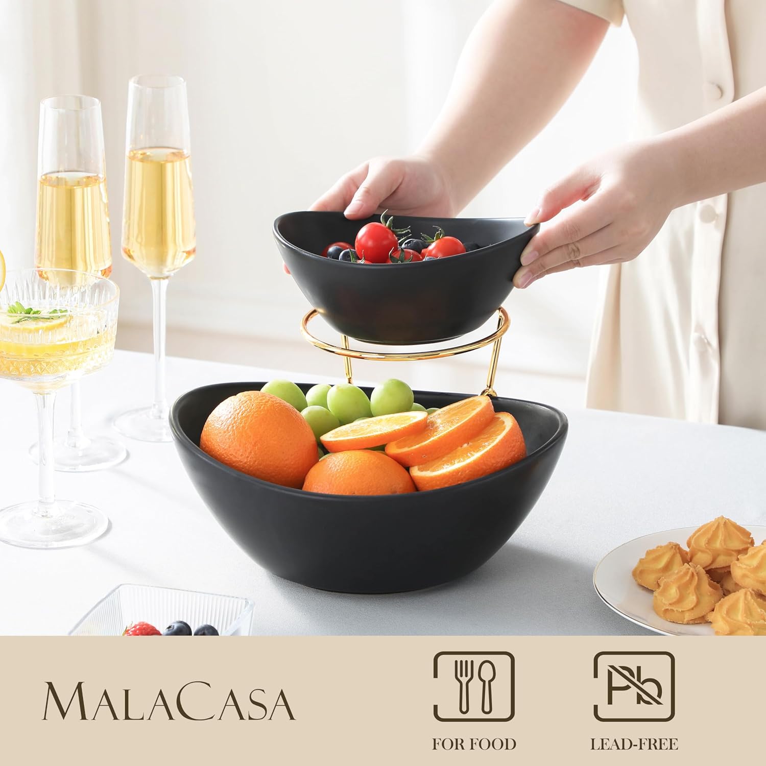 MALACASA 2 Tier Chip and Dip Serving Set with Metal Stand,Ceramic Appetizer Bowls for Party, Multi-Use Food Display for Fruits, Snacks, Black Elegant Tiered Serving Dishes for Party - Image 2
