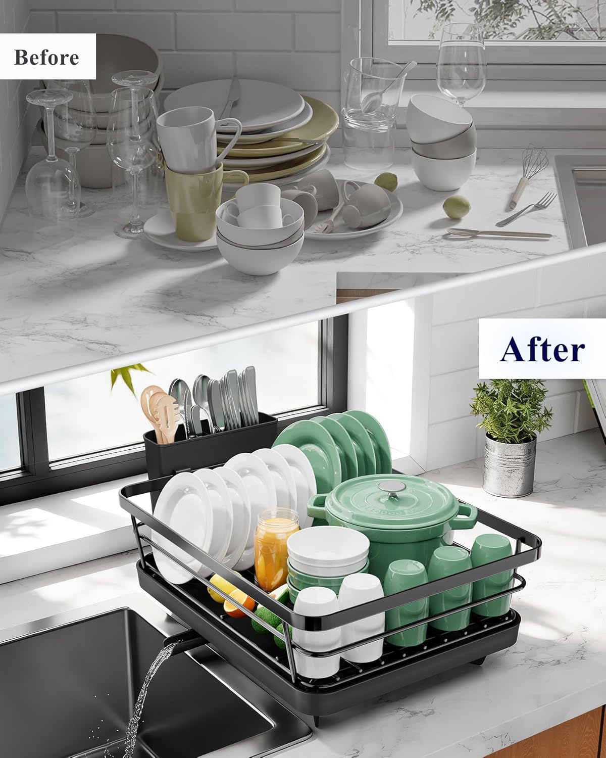 Kitsure Dish Drainer Rack- Space-Saving Dish Drainer, Dish Racks for Kitchen Counter, Stainless Steel Kitchen Drying Rack with a Cutlery Holder, Large, Black - Image 8