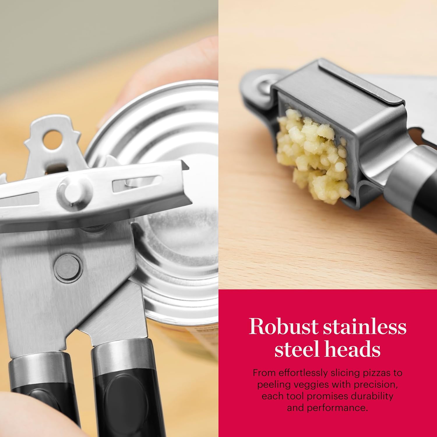 Good Food in Partnership with Tower 4Pc Gadget Set, Pizza Cutter, Y Peeler, Can Opener, Garlic Press, Stainless Steel Heads, Black, GF832253 - Image 5