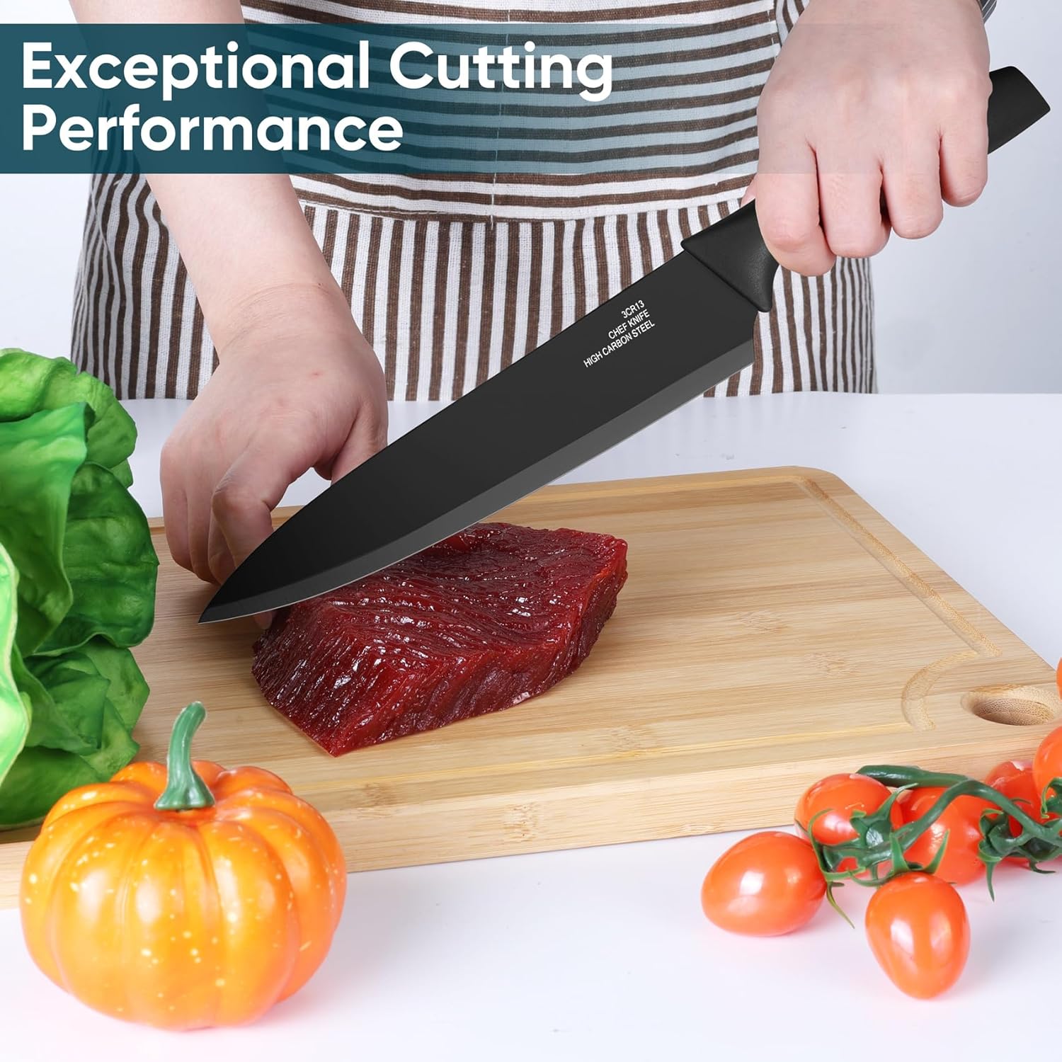 Homikit 6 Pieces Kitchen Knife Set with 6Pcs Covers, Stainless Steel Sharp Knives Including Paring, Utility, Bread, Slicing, Santoku & Chef Knife, Non-Stick Coating & Easy Clean - Black - Image 4