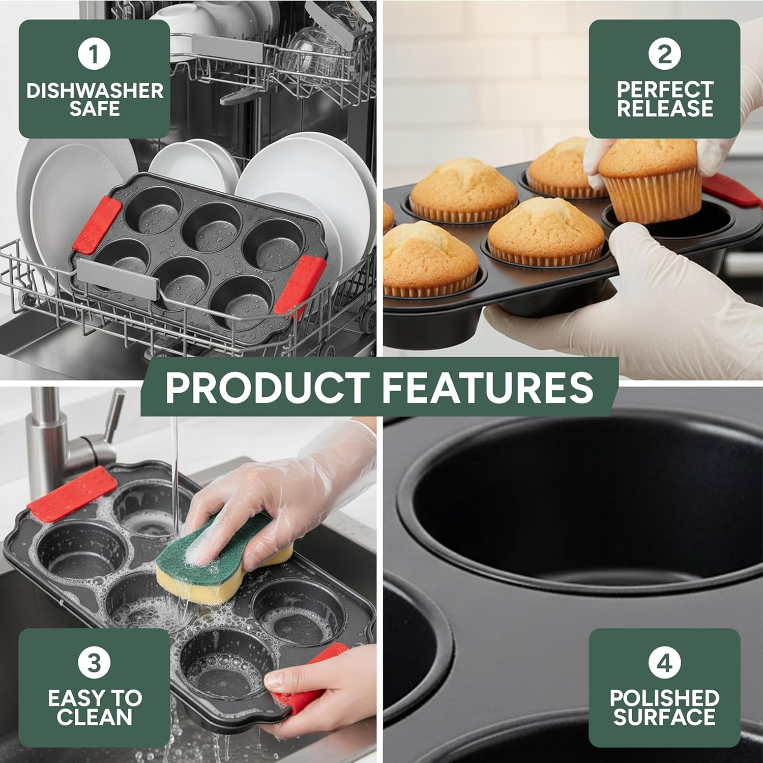 Zuvo Non-Stick 6 Cup Muffin Tray with Silicone Handles Dishwasher Safe Cupcake Pan Muffin Tray with Stain-Resistant Baking Mould for Cupcakes Bakeware, Black - Image 5