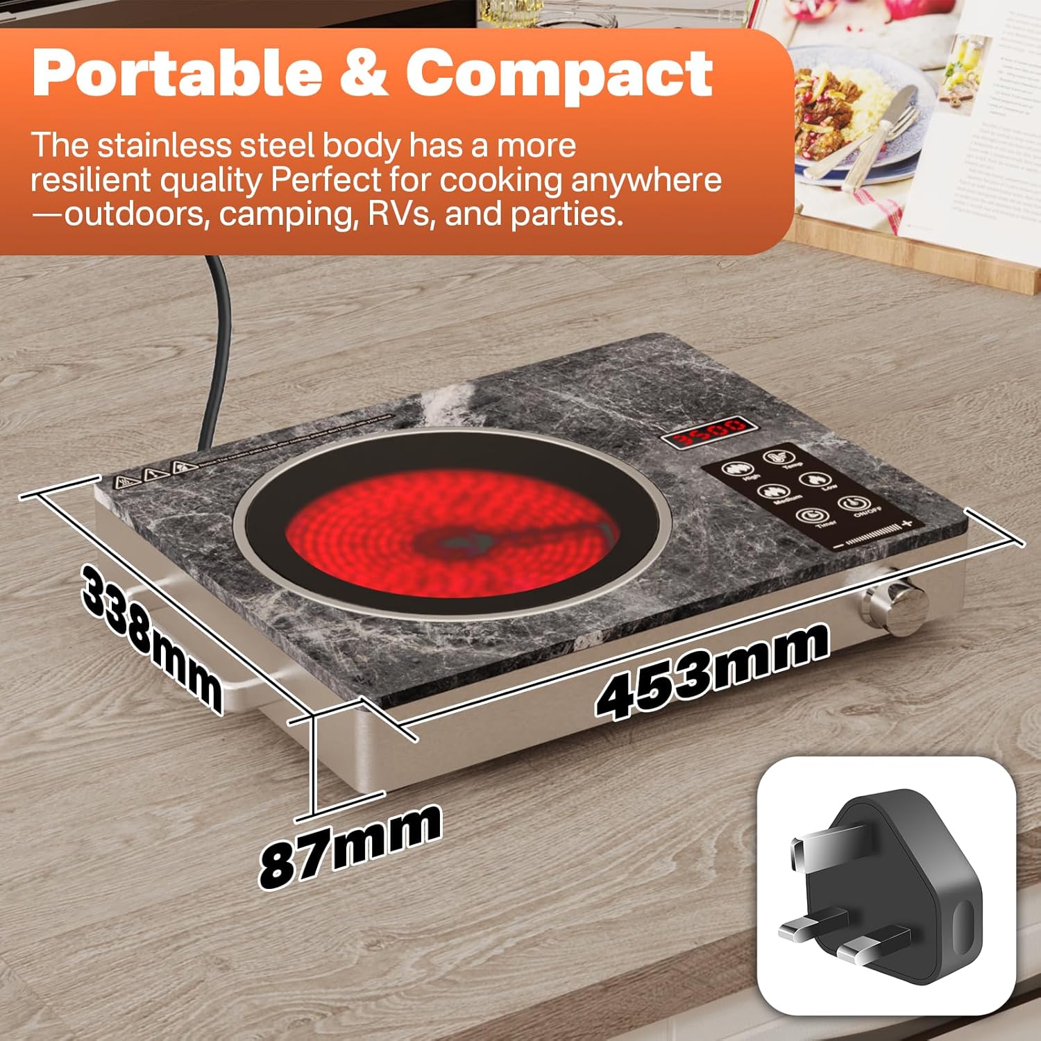 3500W Ceramic Cooktop | 230V Infrared Electric Hob | Compatible with All Flat-Bottom Pots | Microcrystalline Glass | Eco-Friendly & Safe | Premium Marble Design - Image 4