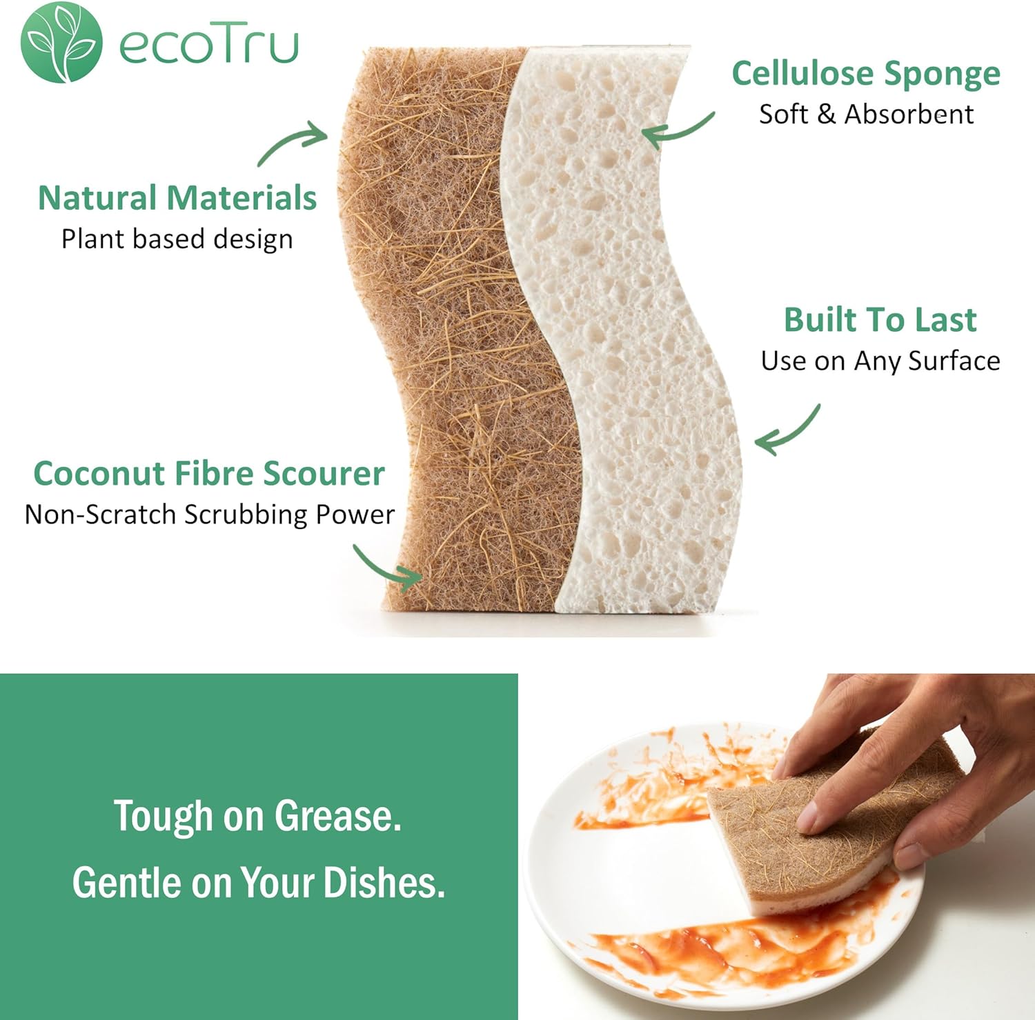 6 Pack Natural Washing Up Sponge, UK Brand Eco Friendly Kitchen Dish Cleaning Sponges, Compostable Cellulose & Coconut Eco Sponges & Scourers, Biodegradable Non Scratch for Heavy Duty Scrubbing - Image 2