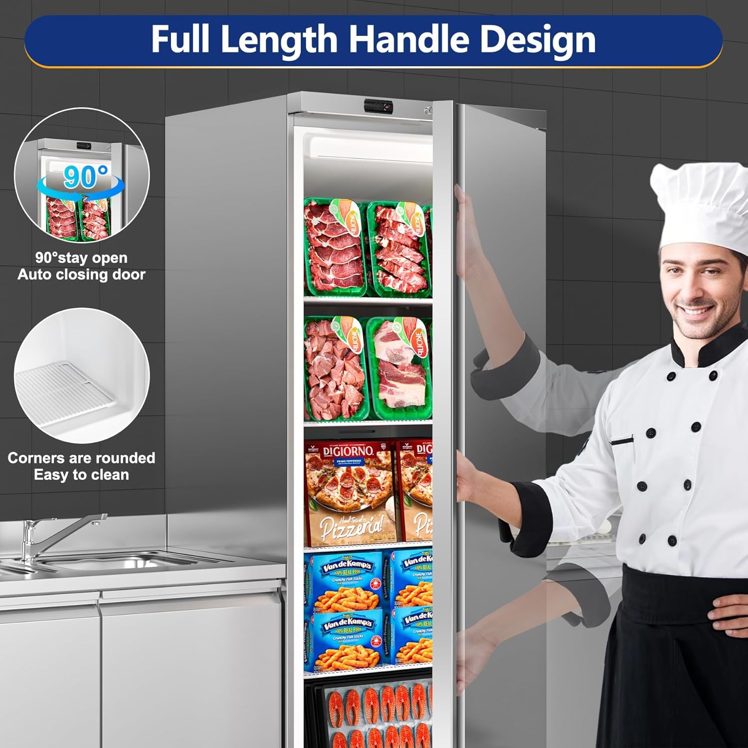 Rockit 600L Commercial Upright Freezer, Single Door Stainless Steel Commercial Freezer with 4 Adjustable Shelves, -22°C to -18°C Fan Cooling Cabinet Freezer for Restaurant, Kitchen, Energy Class B - Image 4