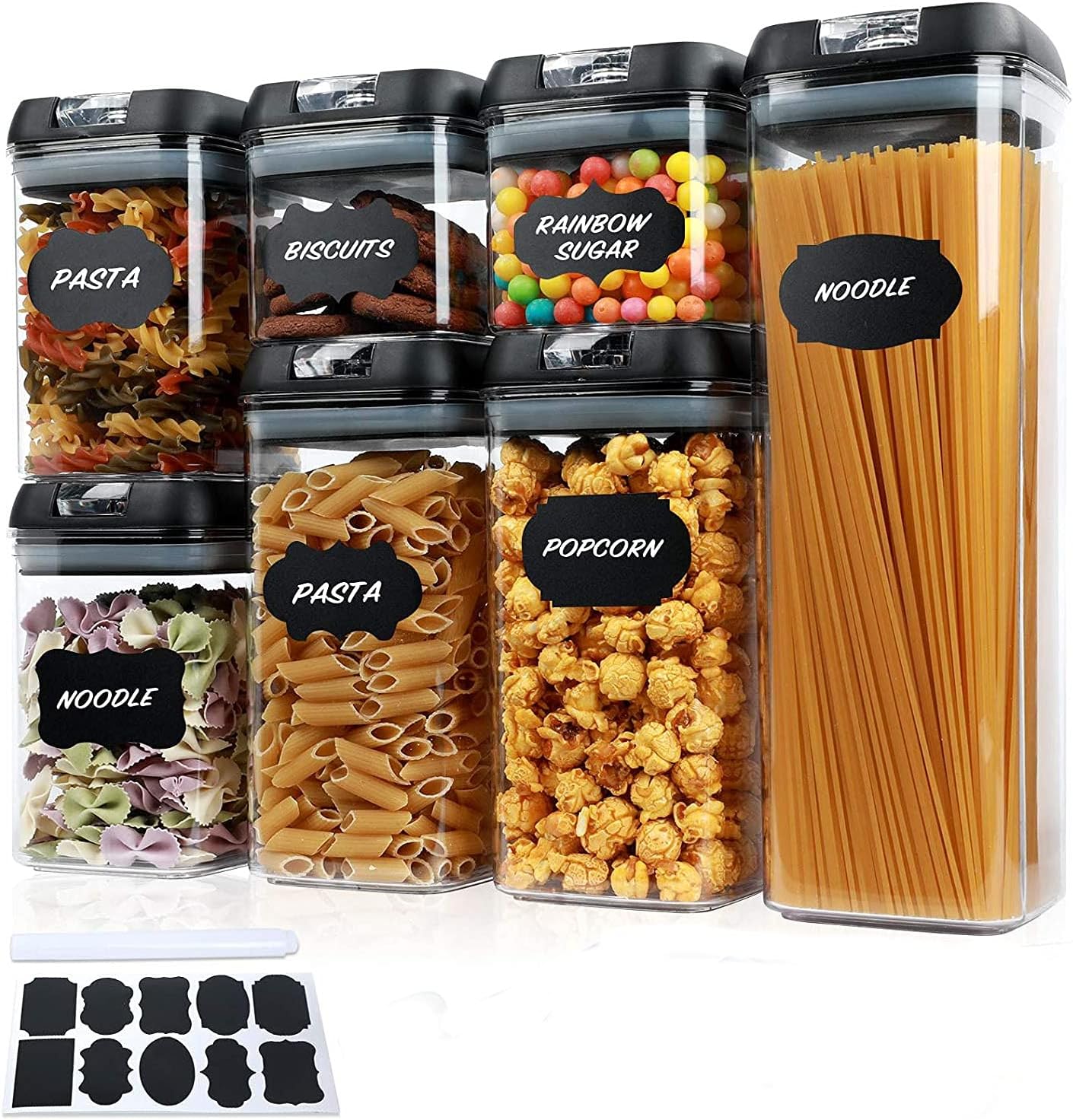 Taylor & Brown 7pc Clear Airtight Food Storage Container Set with 10 Labels & 1 Marker - Kitchen & Pantry Containers - Ideal for Flour, Cereal, Spaghetti, Pasta & more, Black