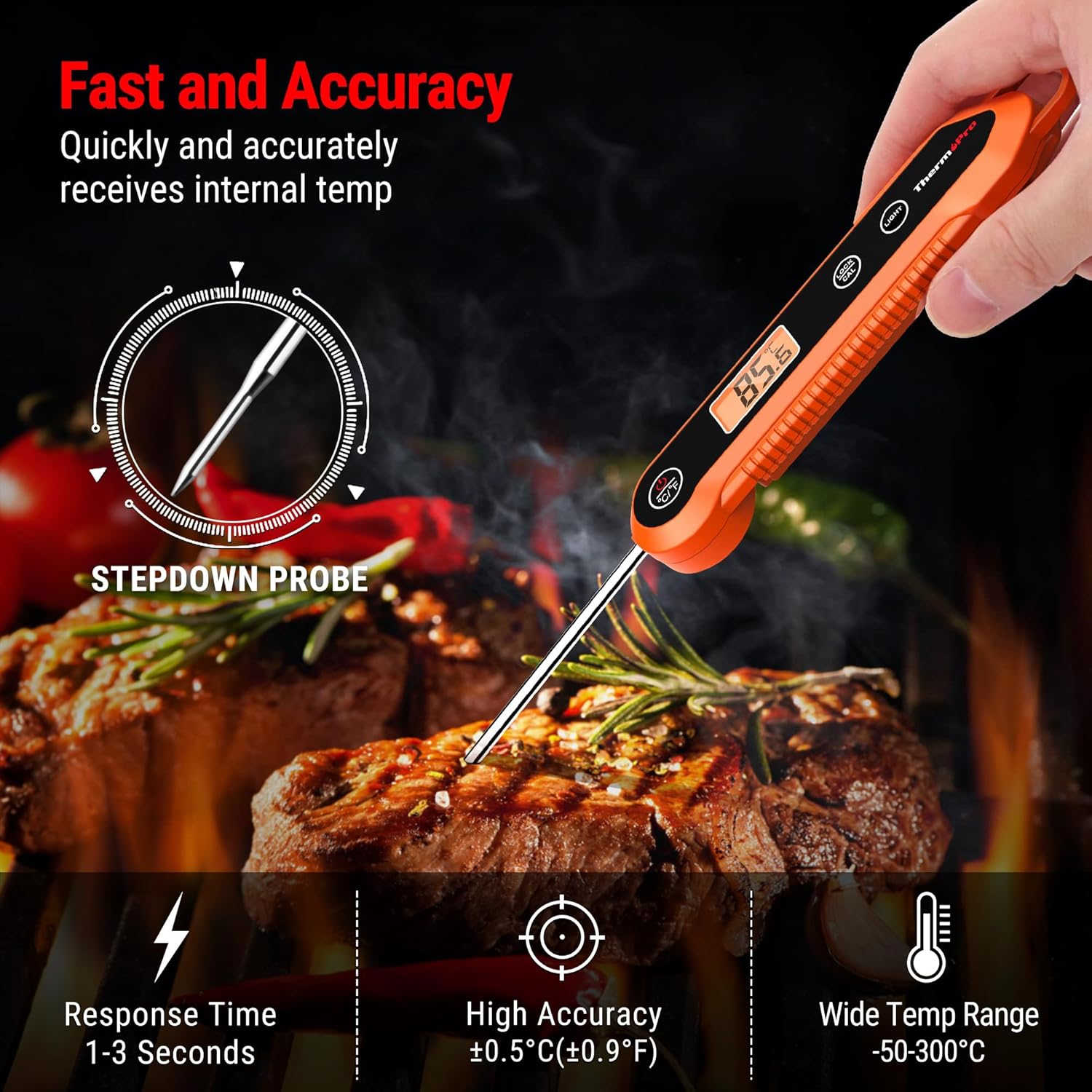 ThermoPro TP03H Meat Thermometer with IPX6 Waterproof, Food Thermometer Foldable Food Temperature Probe with LCD Backlight Calibration Lock Fuction, Kitchen Digital Instant Read Probe for Oil Jam Milk - Image 2
