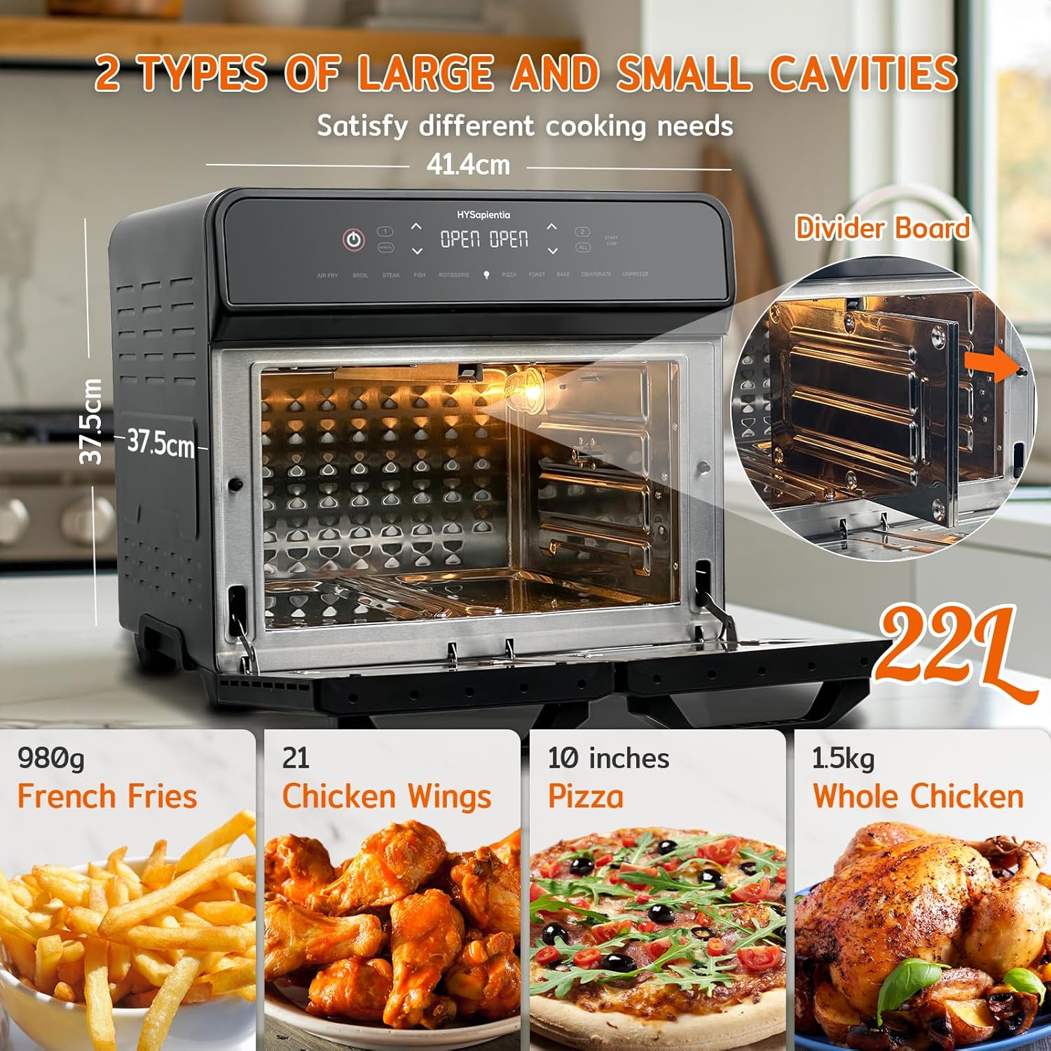 HYSapientia® 22L Dual Zone Air Fryer Oven With Rotisserie,Large Double Air fryers Mini Ovens Digital 2400W 10 in 1 Airfryer Countertop Convection Oven electric and grill,Stainless Steel,13 Accessories - Image 3