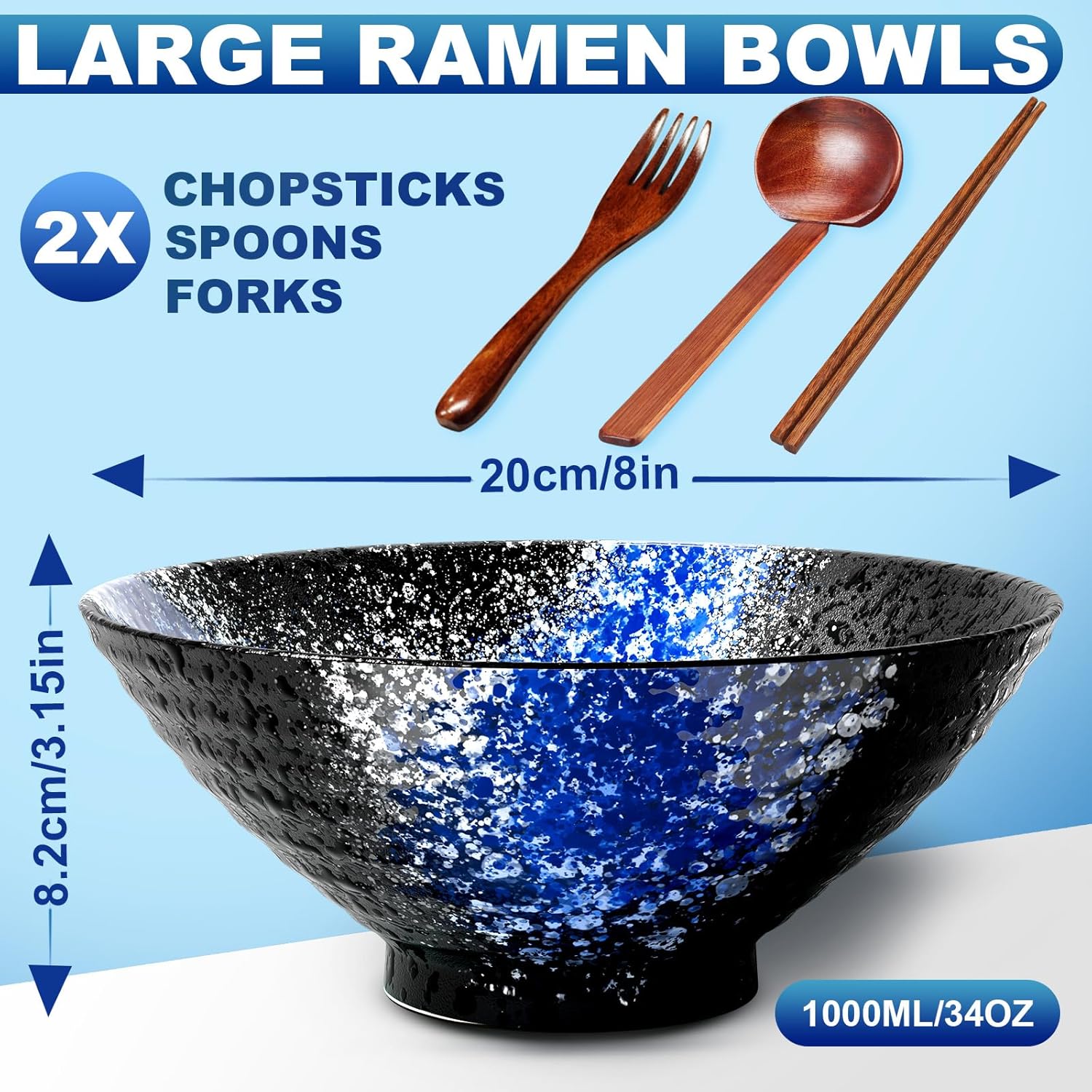 8-Inch Large Ceramic Ramen Bowl Set of 2 (9 Piece) - Microwave & Dishwasher Safe Porcelain Japanese Salad Noodles Cereal Fruit Pasta Soup Bowls with Recipes Chopsticks Forks Spoons for Men Women Gift - Image 2