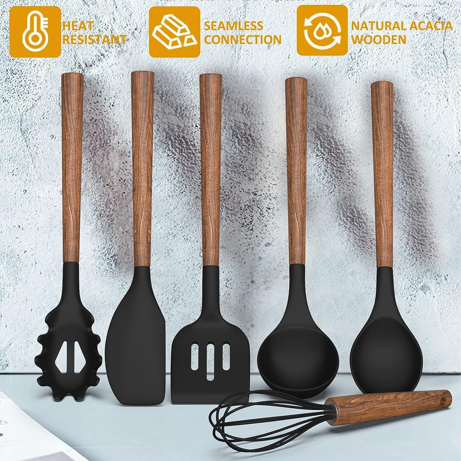 Cooking Utensils Set, 8 PCS Kitchen Utensil Set with Wooden Handle, Black Silicone Kitchen Utensil Accessories, Non-Sticky, Heat Resistant, Easy Cleaning Utensil Set - Image 7