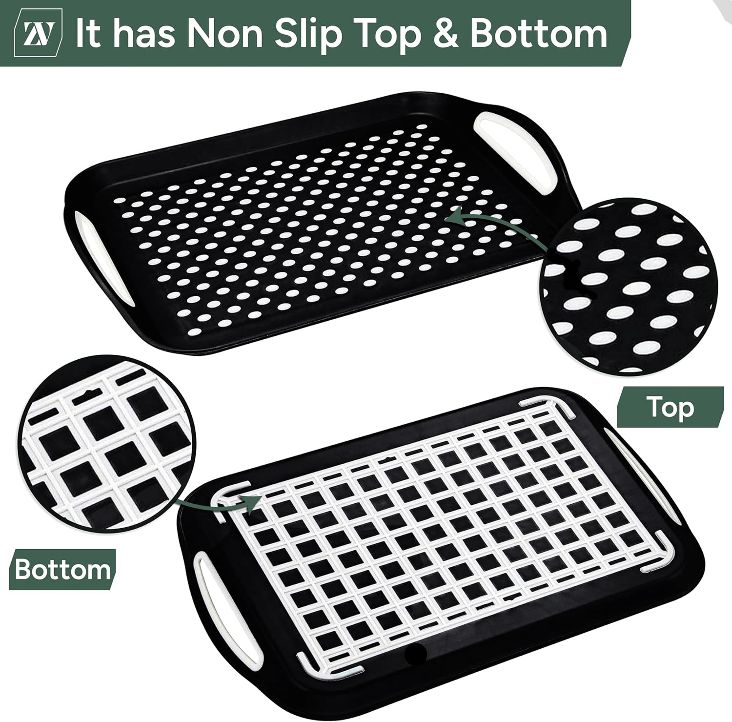 Zuvo Anti-Slip Food Serving Tray with Handles (Set of 2) – BPA-Free Plastic, Lightweight & Durable – Couch Trays for Eating & Drinks (Black) - Image 7
