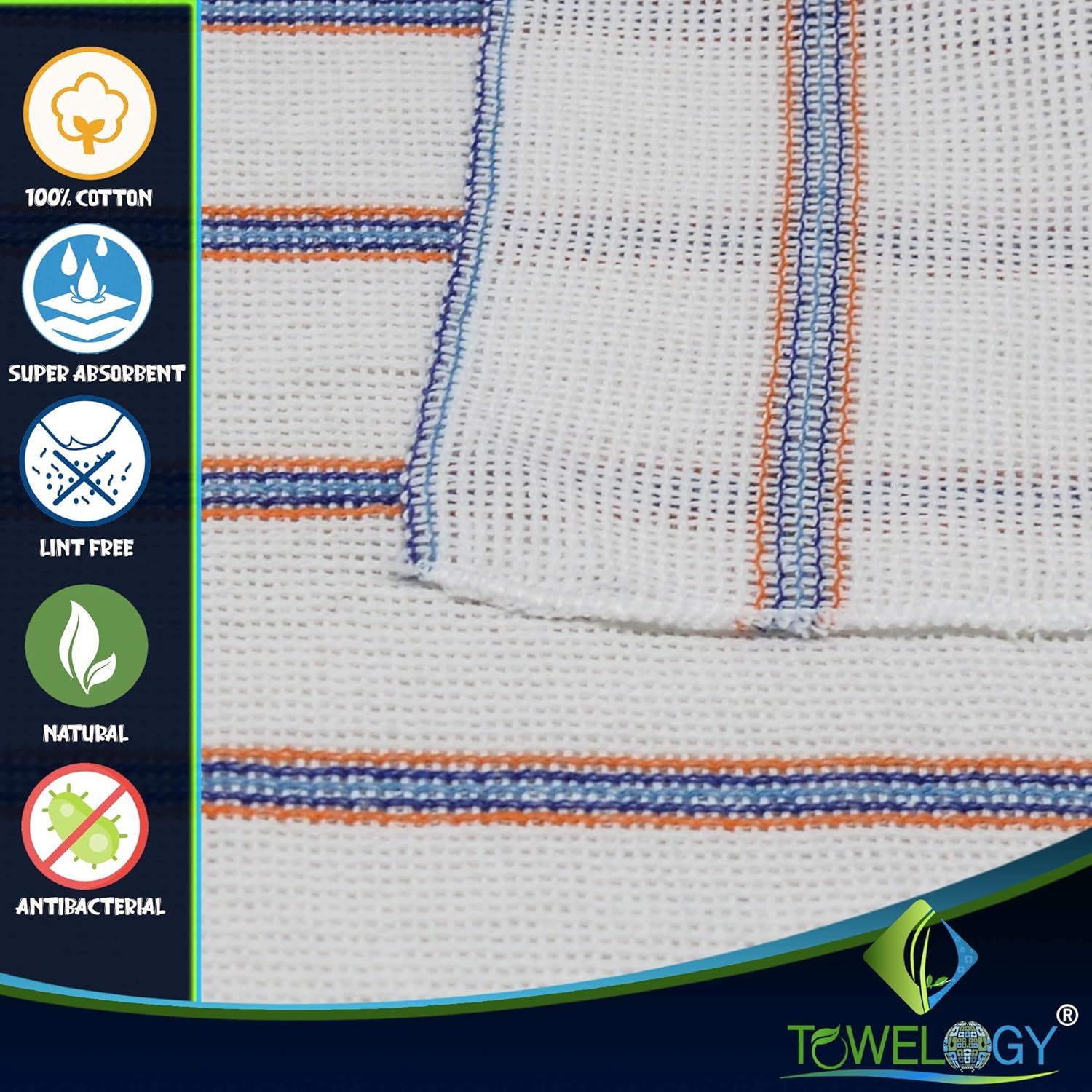 Towelogy® 5 Pack Cotton Dish Cloths Waffle Weave White Super Absorbent LINT FREE QUICK DRY Striped Kitchen Tea Towels Dishcloths for Washing Up Machine Washable 35x40cm (White Blue/Orange Stripes) - Image 8