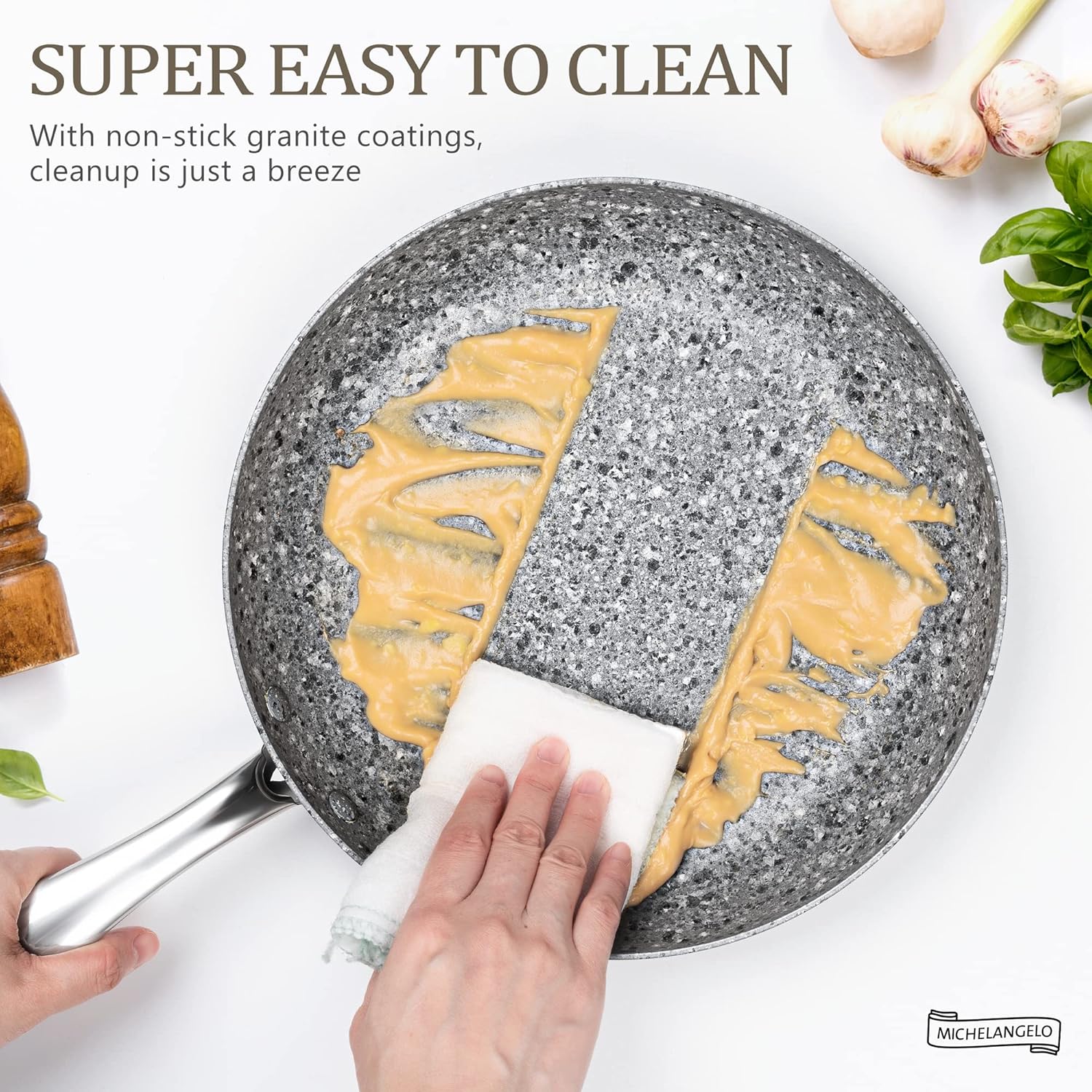 MICHELANGELO 26CM Frying Pan with Lid, Non Stick Fry Pan, Stone-Derived Coating Omelette Pan for Induction, Granite Skillets with Lid-Oven Safe - Image 4