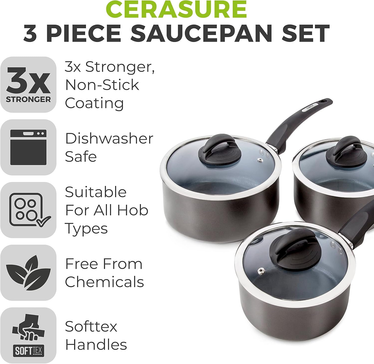 Tower T80302 Cerasure 3 Piece Saucepan Set with Non-Stick Coating, Suitable for All Hob Types Including Induction, 16/18/20cm, Graphite - Image 2