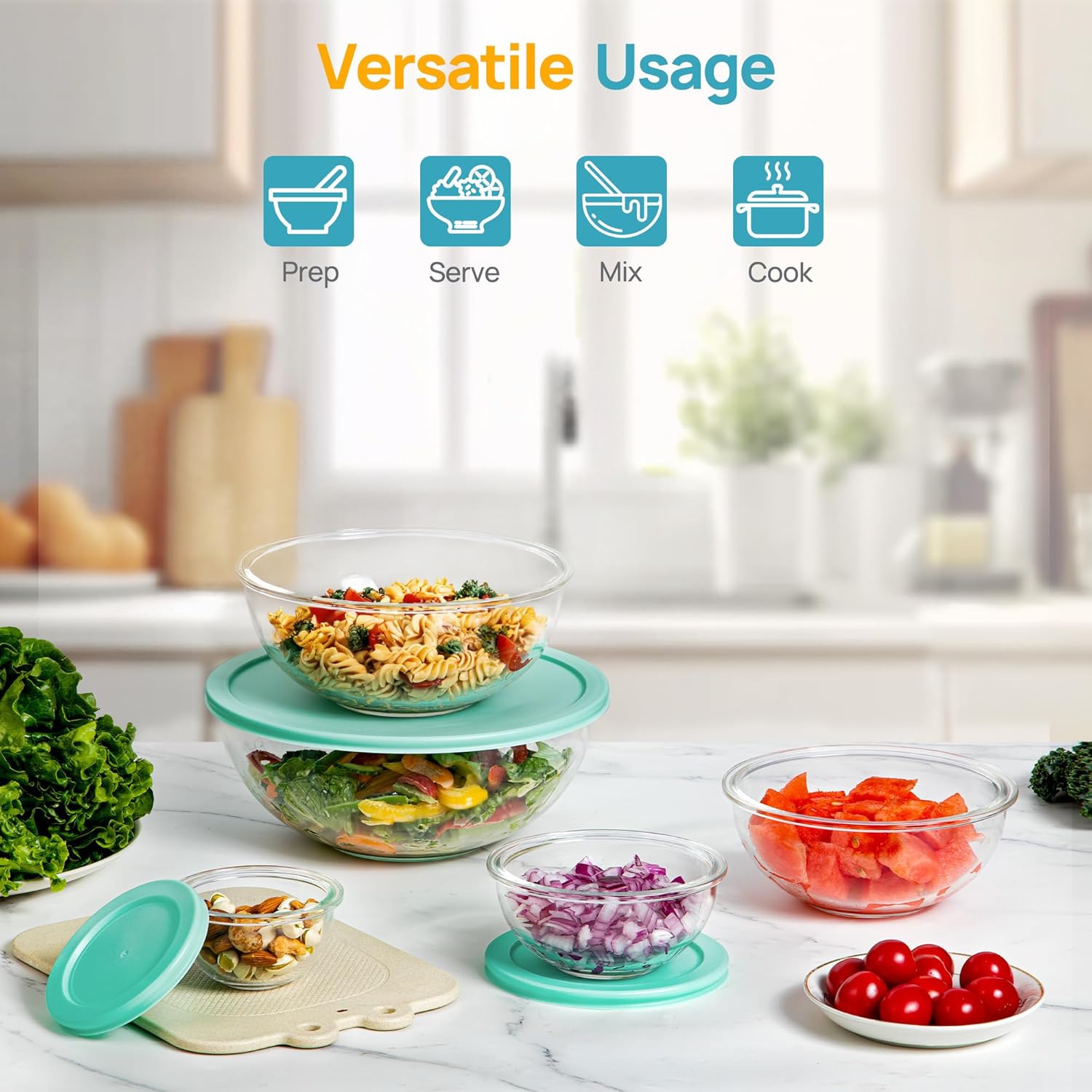 Vtopmart Glass Mixing Bowls with Lids, Set of 5 Borosilicate Glass Salad Bowl, Nesting Kitchen Serving Bowls for Prep, Cooking, Baking, Microwave Freezer Dishwasher Safe (0.2/0.5/1.0/2.0/3.5 L) - Image 3