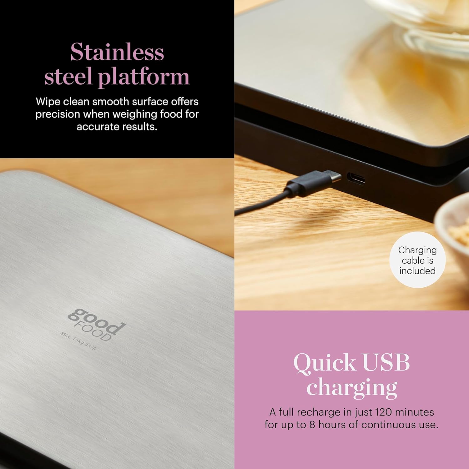 GF876009 Good Food in partnership with Tower Digital Intelli Kitchen Scale, Voice Control, LED Display, USB Rechargeable, 15kg Capacity, Black & Stainless Steel, 19.45 - Image 4