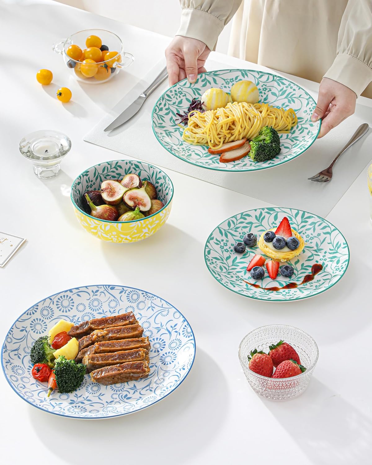 vancasso Selene Colorful Floral Porcelain Dinner Set for 6, 18 Pieces Stackable Plates and Bowls Set, Includes Dinner Plates/Dessert Plates/Cereal Bowls, Microwave & Dishwasher Safe for Everyday Use - Image 2
