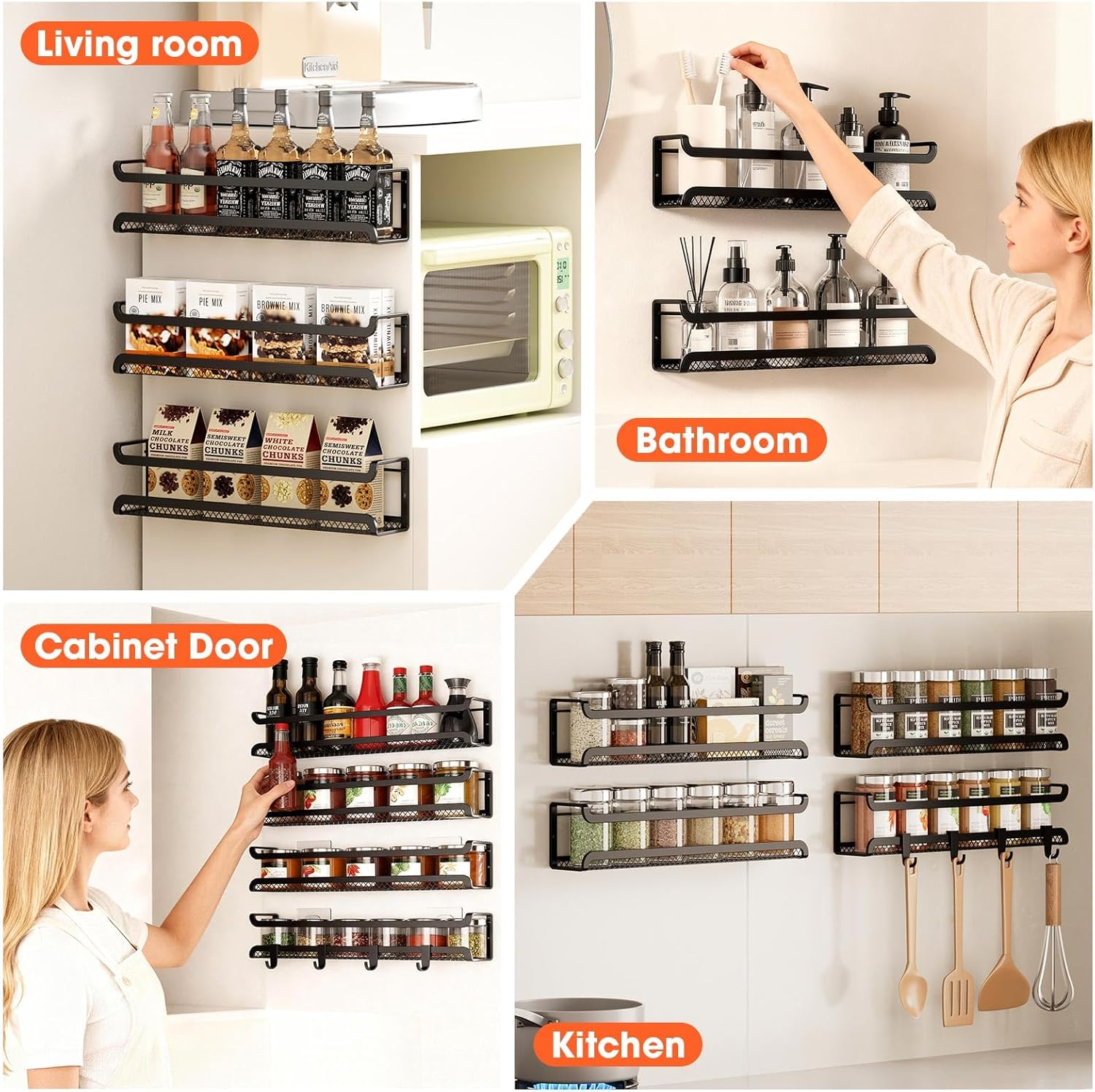 Spice Rack Wall Mounted 4 Pack, Inside Cupboard Spice Organiser with Moveable 4 Hooks, Adhesive and Screws – Seasoning Organizer for Kitchen Door Storage(Black) - Image 7