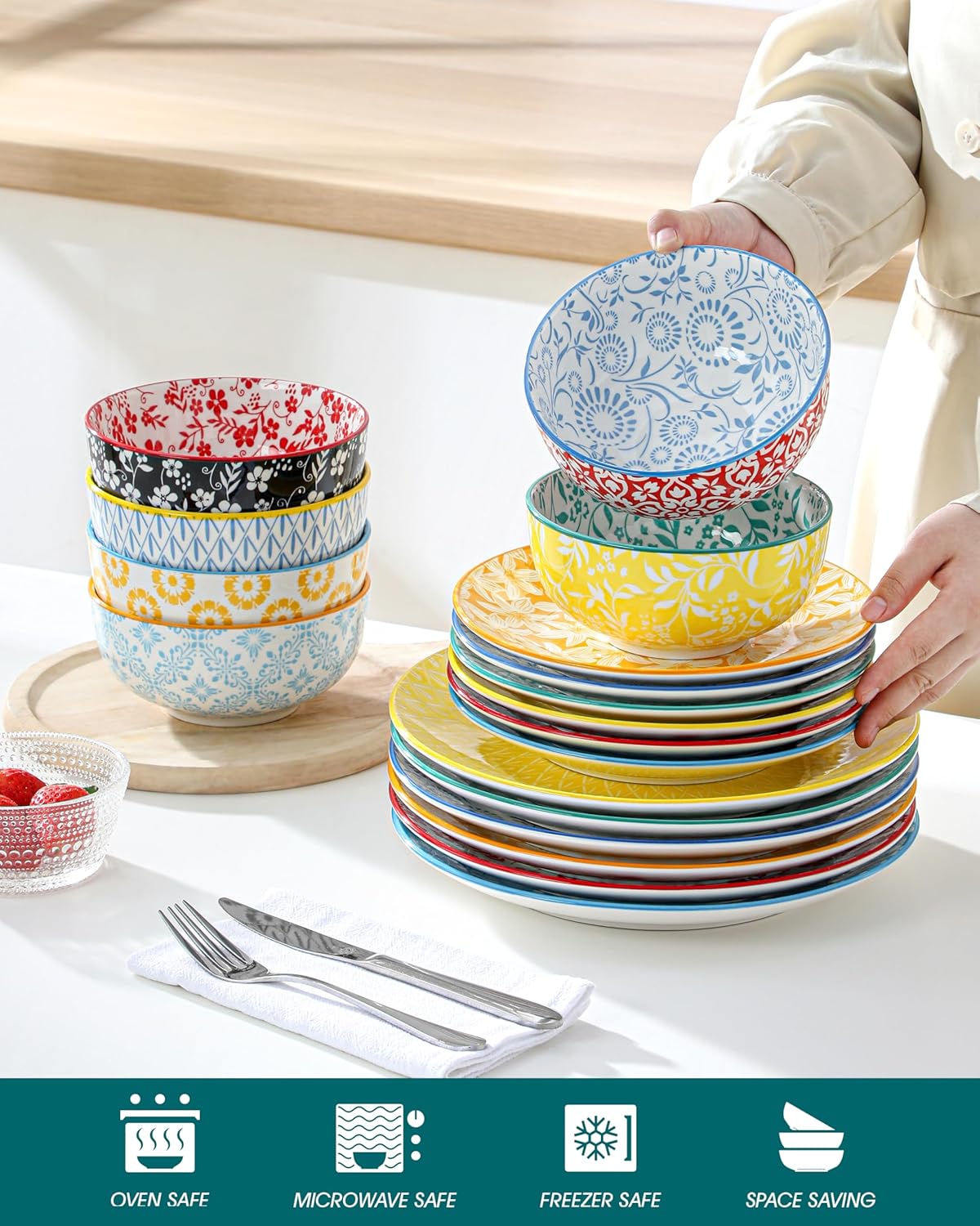 vancasso Selene Colorful Floral Porcelain Dinner Set for 6, 18 Pieces Stackable Plates and Bowls Set, Includes Dinner Plates/Dessert Plates/Cereal Bowls, Microwave & Dishwasher Safe for Everyday Use - Image 4