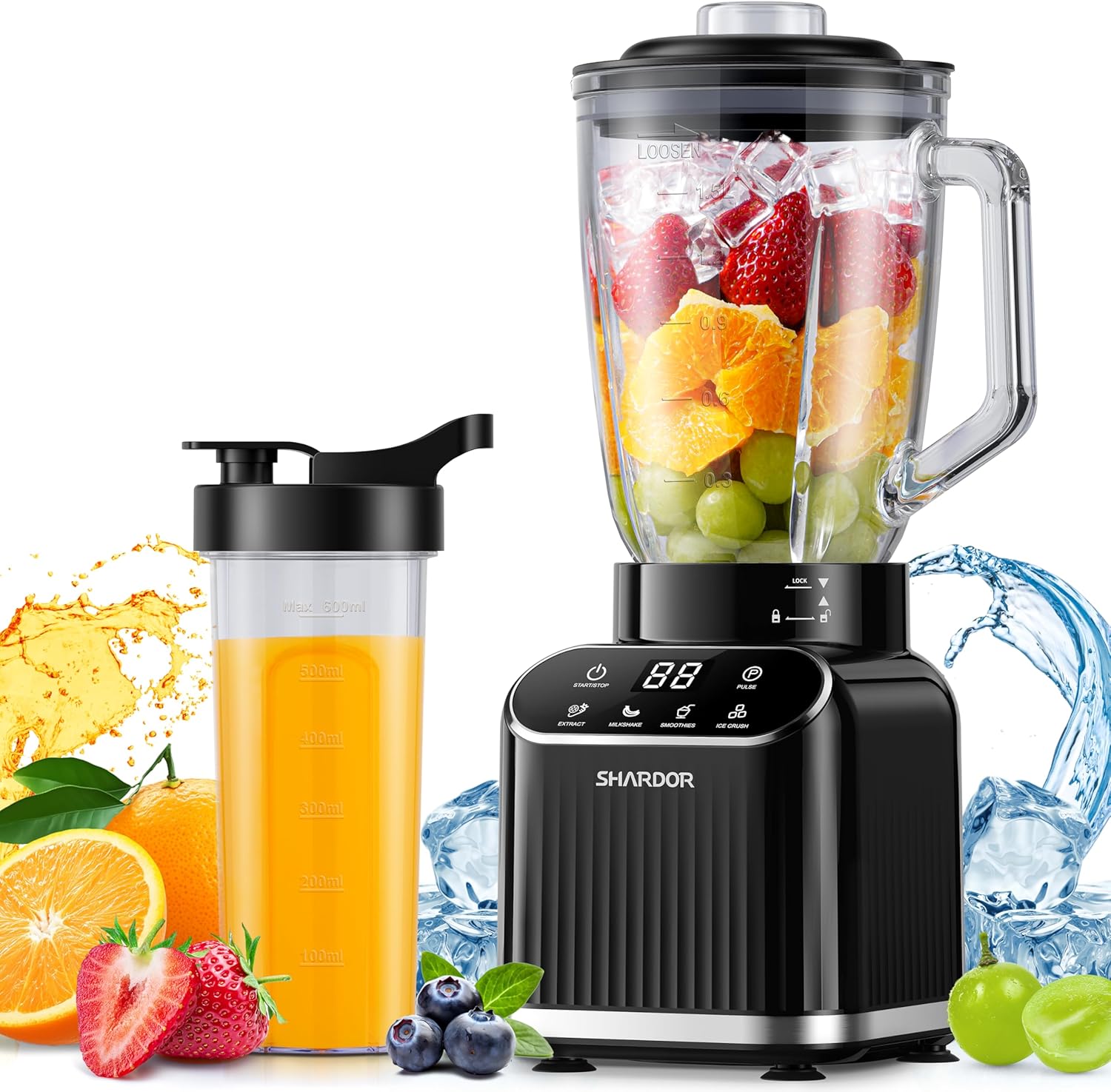 SHARDOR Blender for Kitchen, Max1400W Professional Smoothie Blender with 1.5L Glass Jar & 700ml To-Go Cup Combo,5 Intelligent Program, Ice Crush & Frozen Fruit, Smoothies, Milkshakes,Black