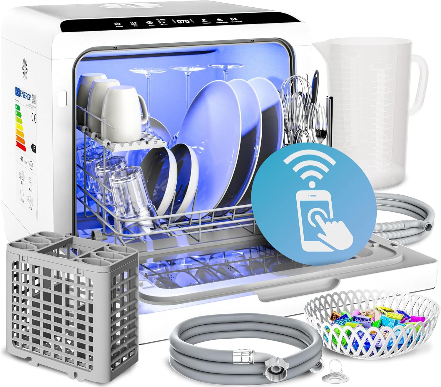 MONZANA® Tabletop Dishwasher with 4.5 Litre Water Tank | No Water Connection Needed | WiFi App 6 Programs 4 Place Settings | Small 45cm Mini Single Dish Washer