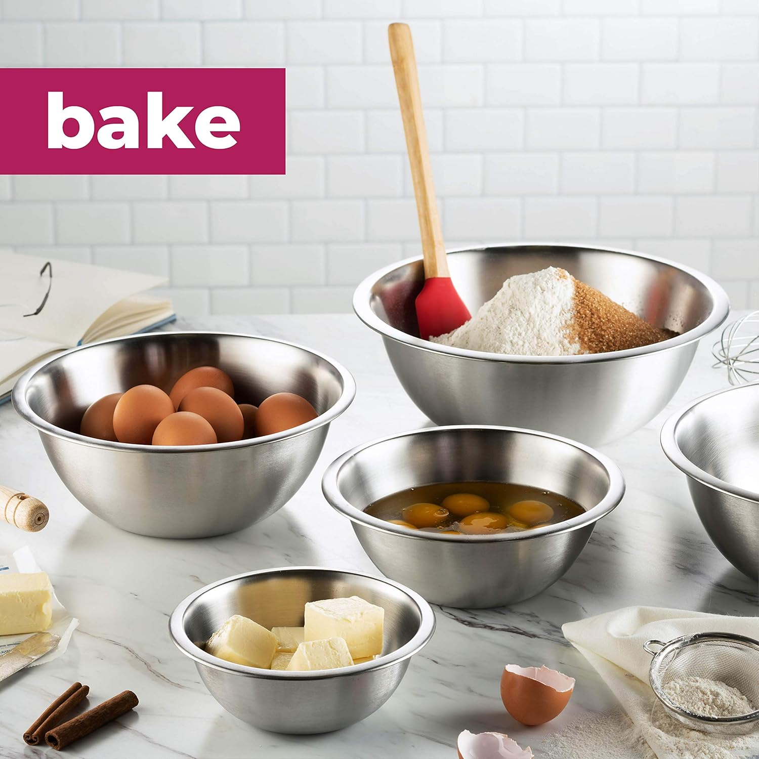 FineDine Mixing Bowls Set - 5-Piece, Easy-Grip, Stainless Steel Mixing Bowls for Baking, Cooking, Salad & Food Prep - Large, Medium and Small Metal Nesting Bowls - Image 5