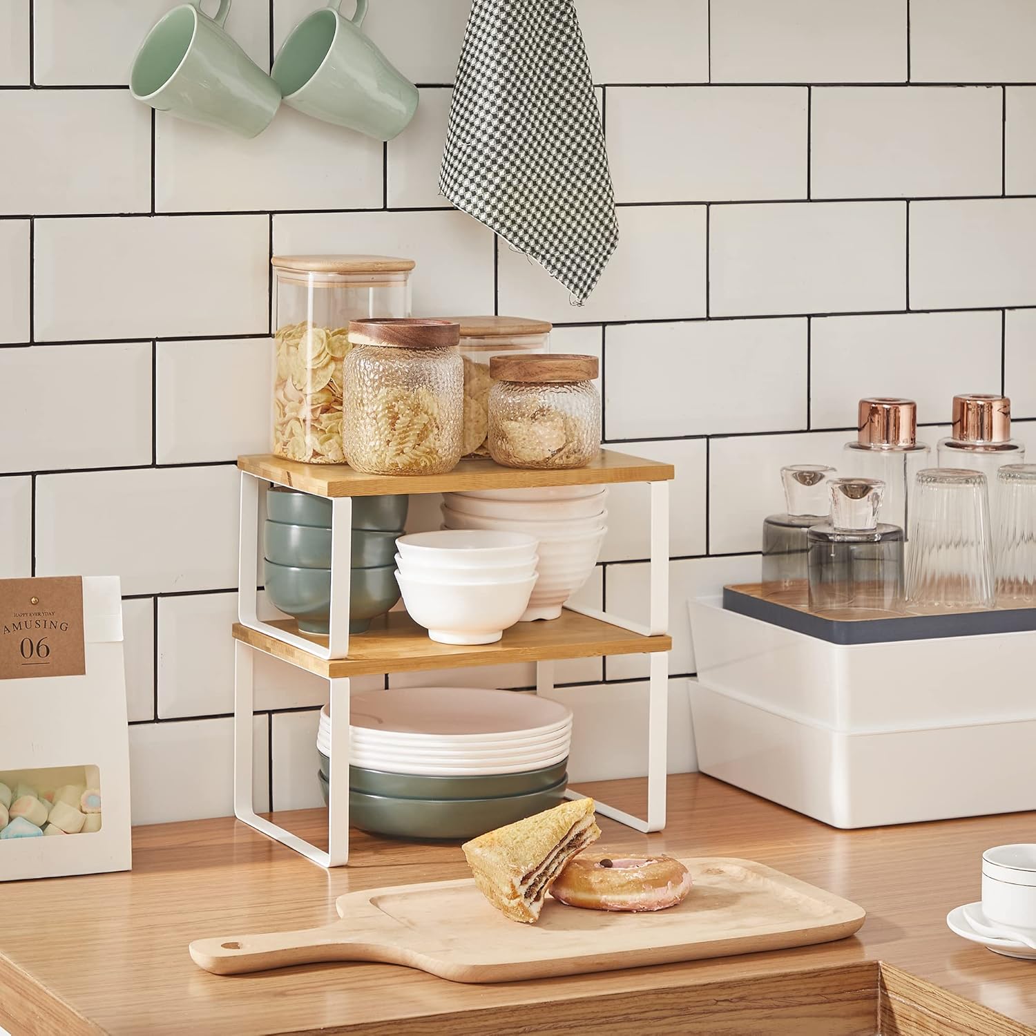 SONGMICS Spice Rack, Set of 2 Cupboard Shelf Organiser, Expandable Kitchen Shelf Organiser, Stackable Spice Holder, Metal and Engineered Wood, White and Natural KCS02NW - Image 3