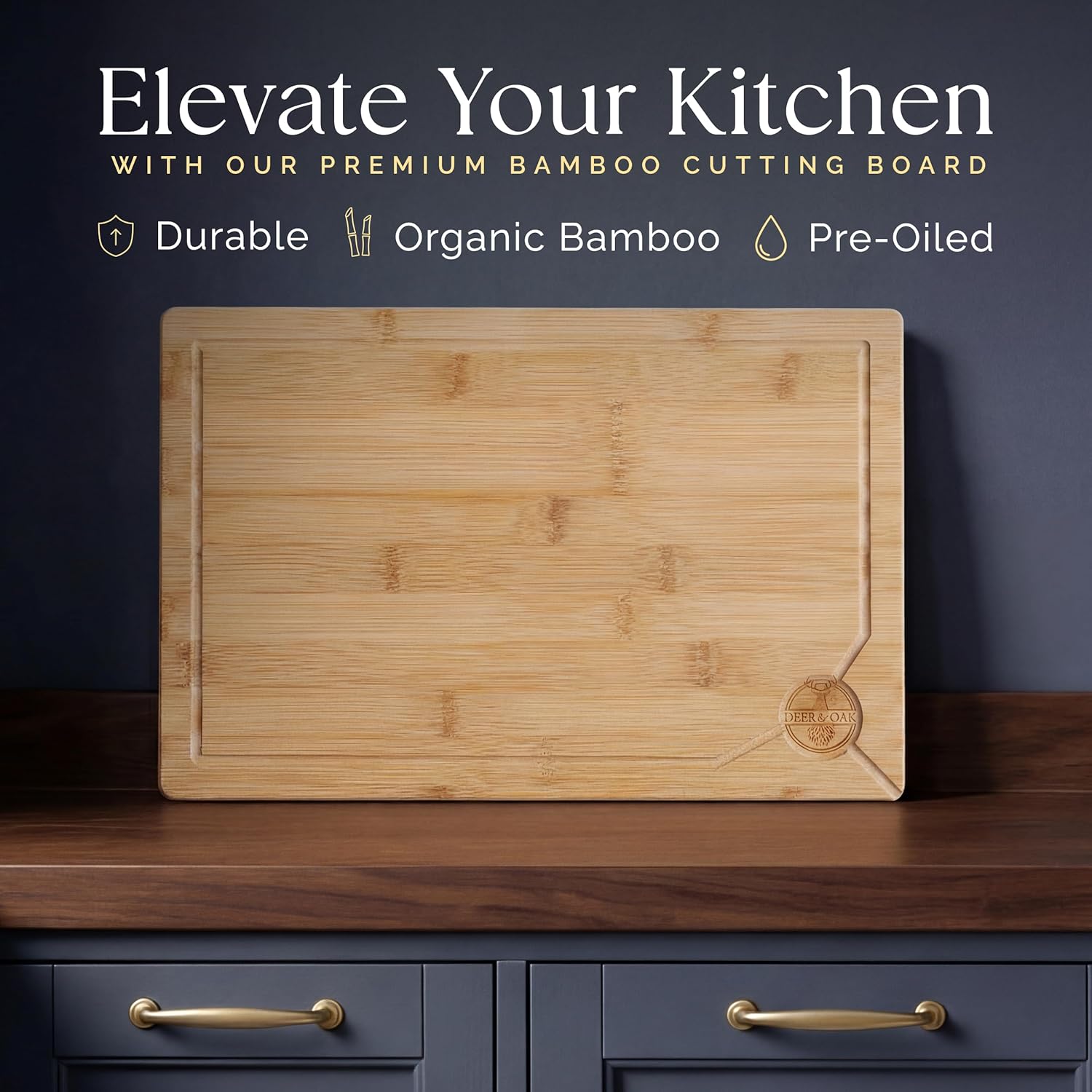 Deer & Oak - Large Cutting Board 38 x 25 x 2cm, Pre-Oiled Wooden Bamboo Chopping Board for Carving Meat, Fish, Vegetables, Fruits, Cheese, Bread - Image 3