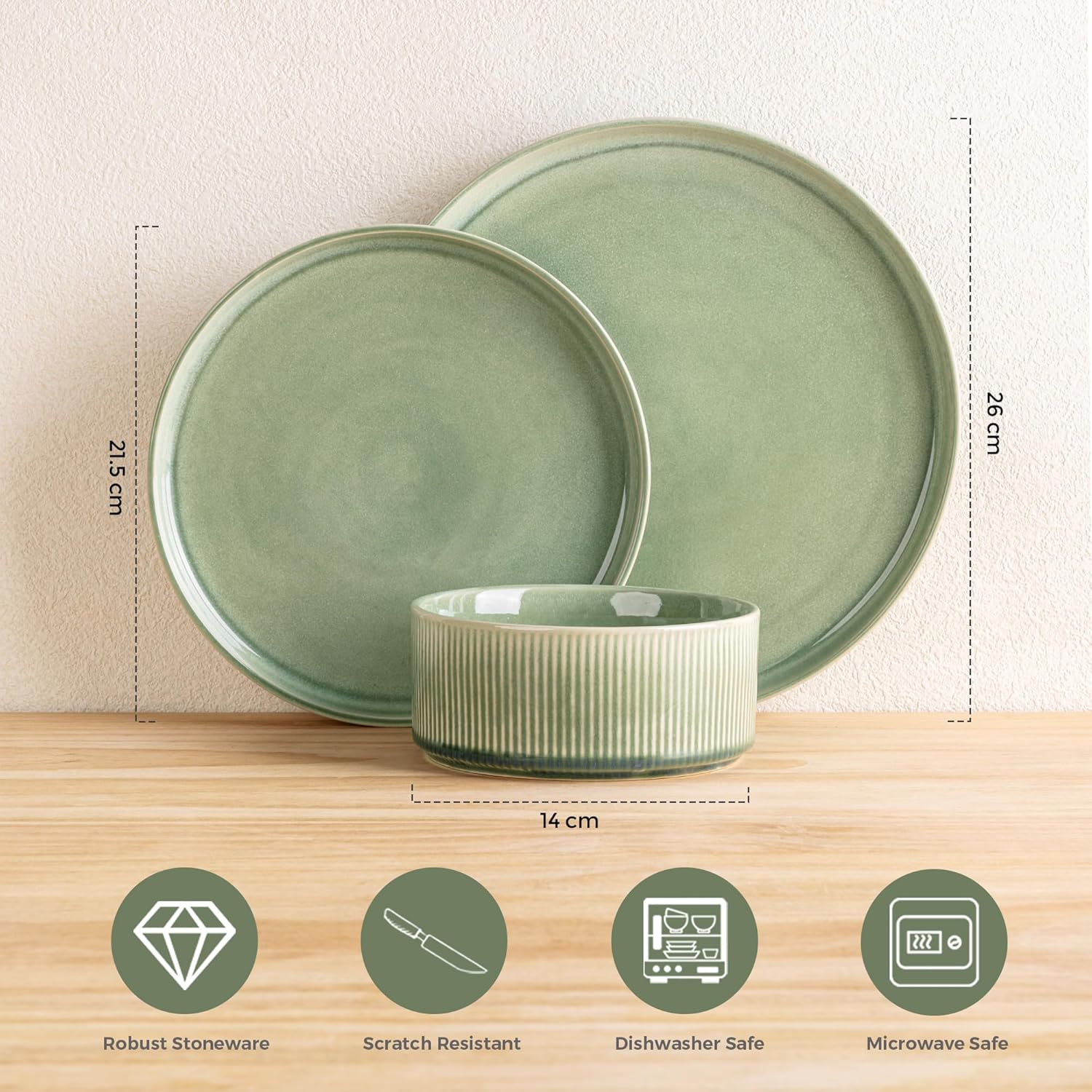 GBhome Stoneware Dinner Sets for 6 People, 18 Pieces Reactive Glaze Handcrafted Plates and Bowls Set, Scratch Resistant Dinnerware Set, Dishwasher & Microwave Safe Crockery Set, Light Green - Image 2