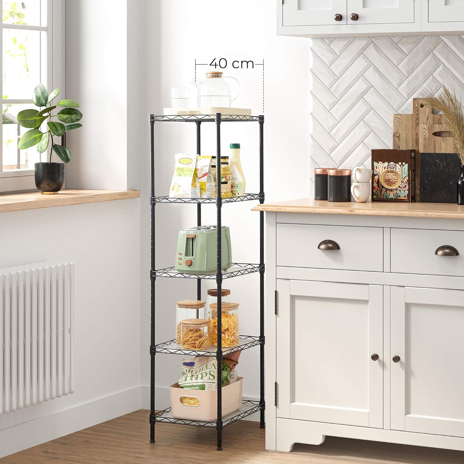 SONGMICS 5-Tier Shelving Unit, Metal Kitchen Storage Shelves, with Adjustable Wire Shelves, PP Liners, 8 Hooks, for Living Room, Garage, 30 x 40 x 121 cm, Black LGR115B01 - Image 2