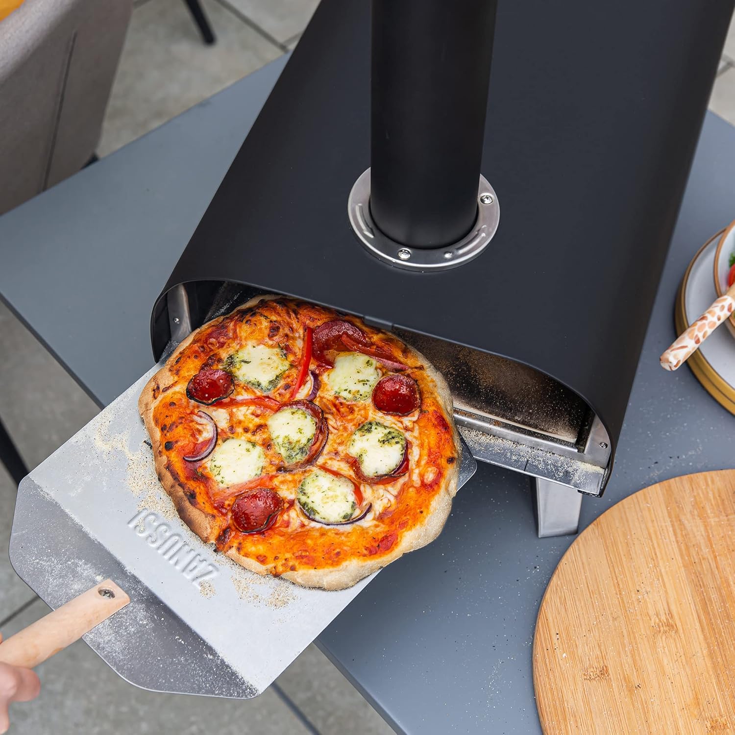 Zanussi ZPO1BPC Outdoor 12 Inch Wood Pellet Portable Wood Fired Pizza Oven with Paddle and Cover in Black, BBQ Oven & Smoker, Stainless Steel Foldable Legs - Image 5