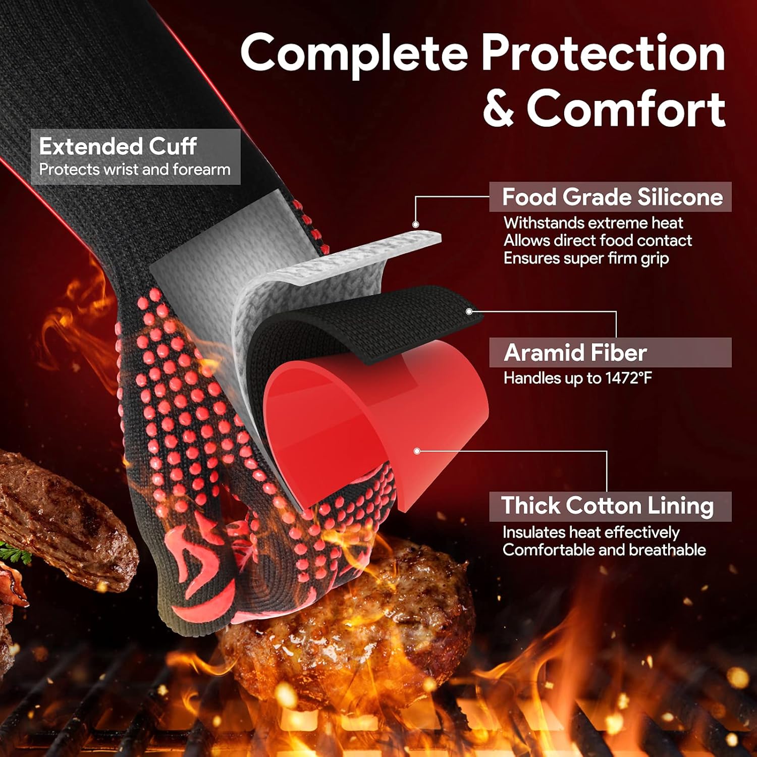 BBQ Gloves, Oven Mitts Grilling Gloves - 1472℉ Extreme Heat Resistant Oven Gloves, Non-Slip Silicone Cooking Gloves for Grilling, Barbecue, Baking, Welding (A Pair) - Image 3