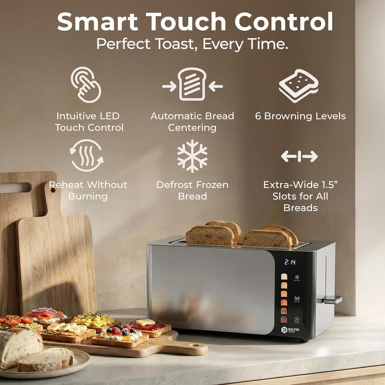 Balter Toaster 4 Slice wide slots, Long Slot, Stainless Steel, Touch Screen, Built-in Rack, Extra wide slots for Thick Breads & Bagel, Timer, BPA-Free, Removable Tray, Silver/Touch - Image 2