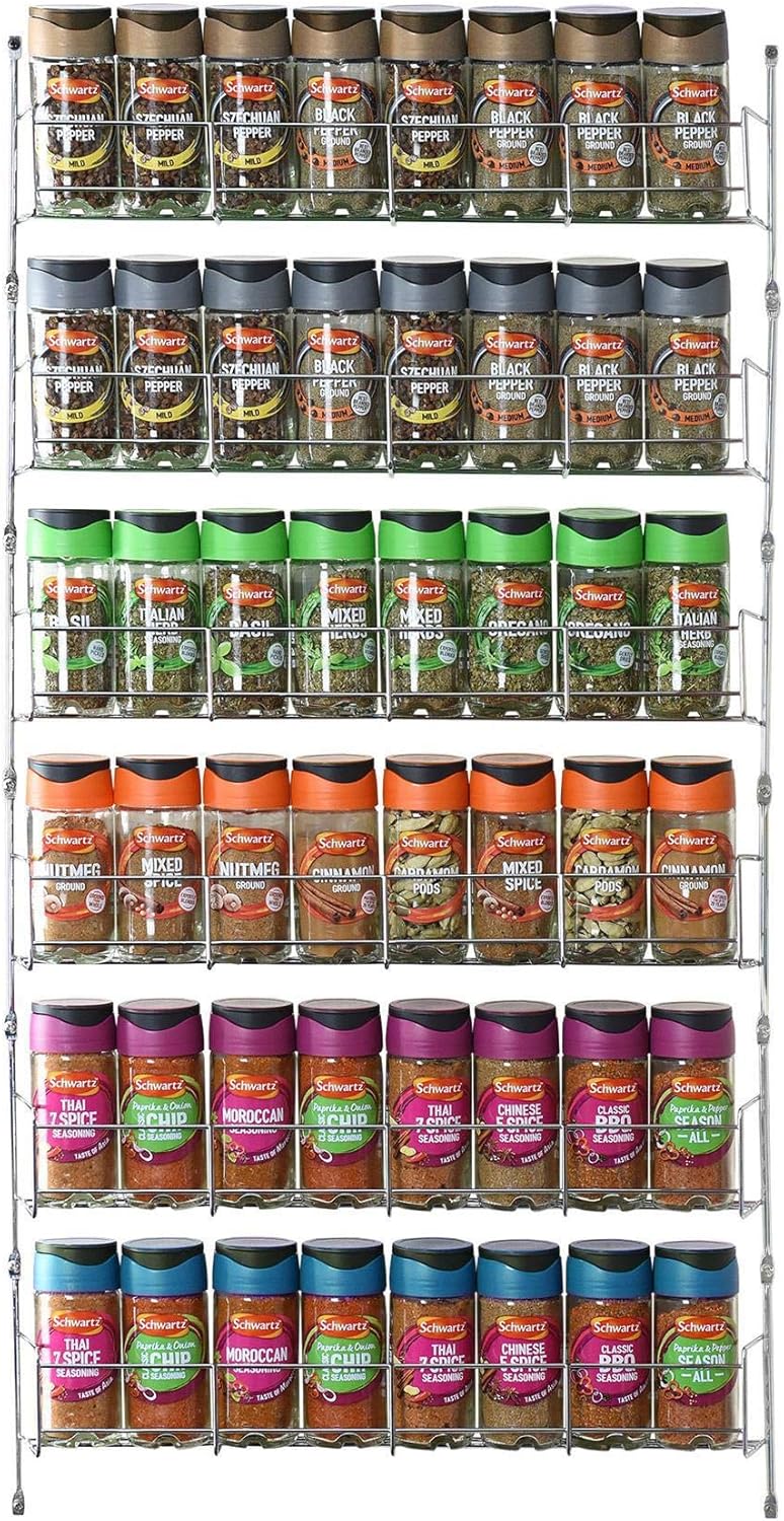 Vinsani 1/2/3/4/5/6 Tier Spice Racks Organiser - 6 Tier Flexible Herb Spices Condiments Jar Cupboard Wall Mounted Hanging Storage with Adhesive Stickers & Screws For Pantry Kitchen (Silver)