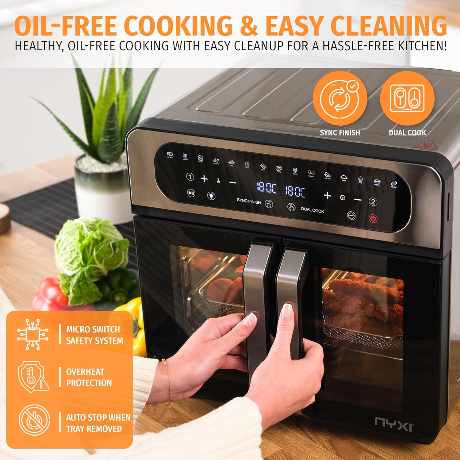 Nyxi 20L Air Fryer Oven with Dual French Glass Doors, Visual Window, 13 Cooking Modes, Digital Control, Adjustable Temperature, Timer, Non-Stick Tray, 12 Accessories, Stainless Steel - Image 3