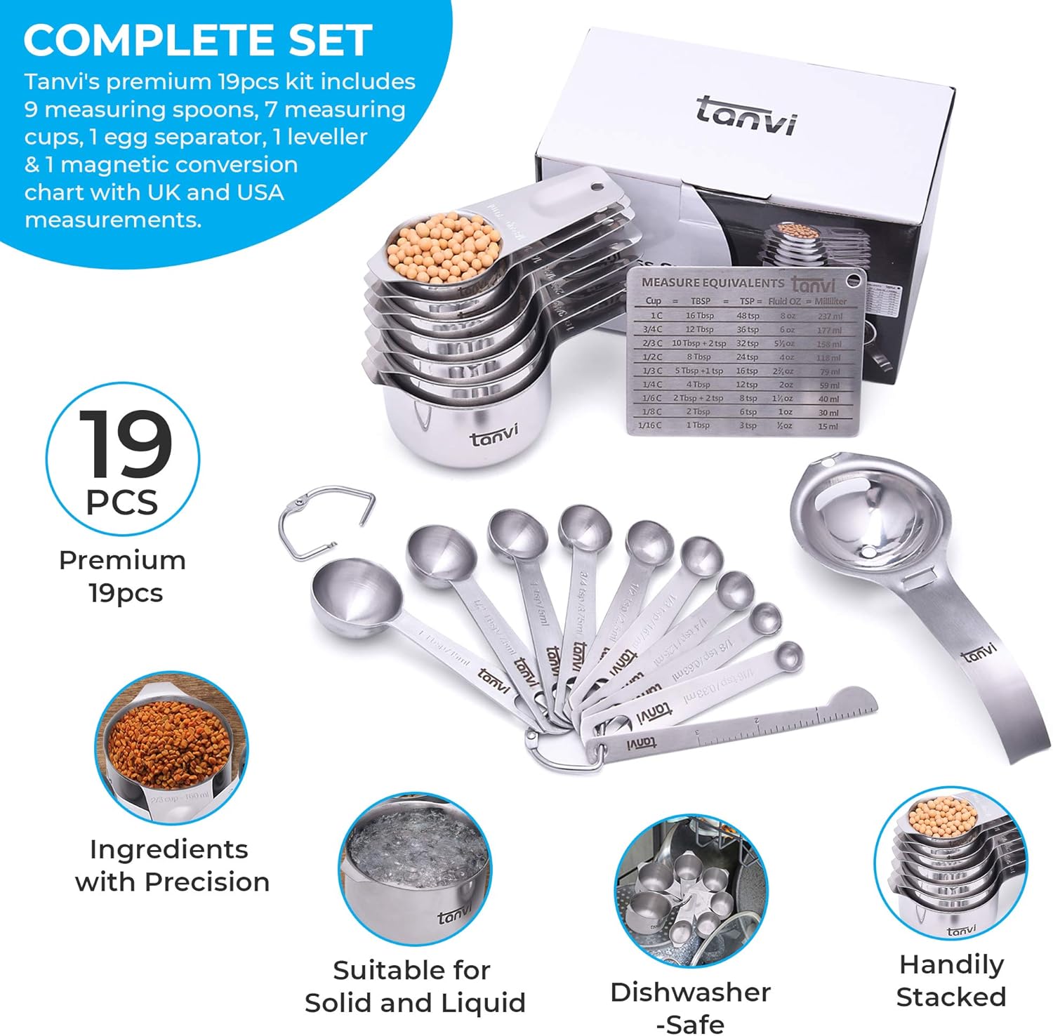 Tanvi Measuring Cups and Spoons Set (21 PCS) - Stainless Steel Measuring Ruler, Egg Separator, Leveler and Magnetic Measurement Conversion Chart with 2 D Rings - Image 2