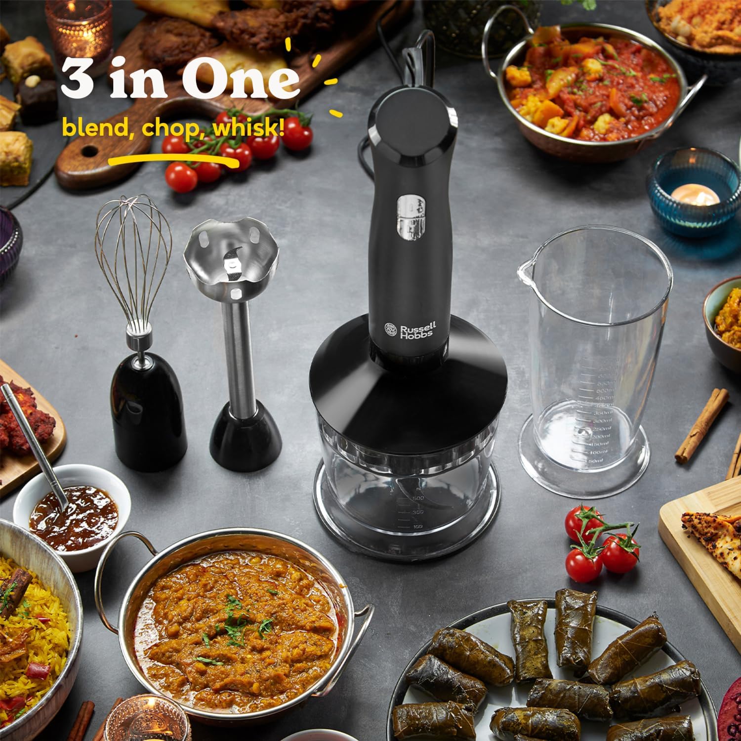 Russell Hobbs Desire 3 in 1 Electric Hand Blender, Fruit & Veg Mini Chopper & Whisk attachment, Stainless steel blending leg, whisk & blades, 500ml capacity chopping bowl & 700ml beaker, 500W, 24703 - Image 3