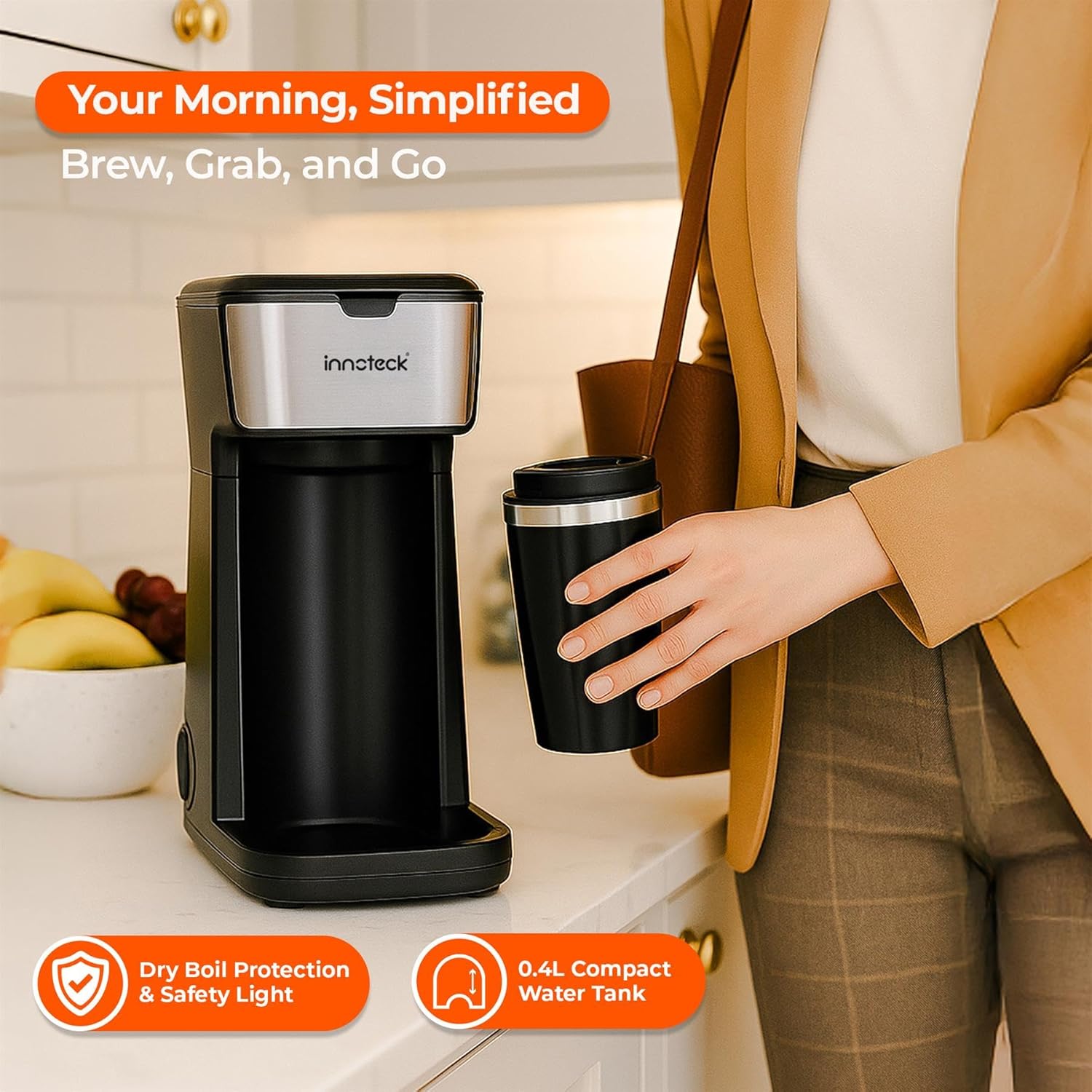 Innoteck 450W Single Serve Coffee Maker with Stainless Steel Interior 400ml Travel Mug – Compact Filter Coffee Machine with Reusable Nylon Filter, Fast Brewing & Overheat Protection – Black - Image 3