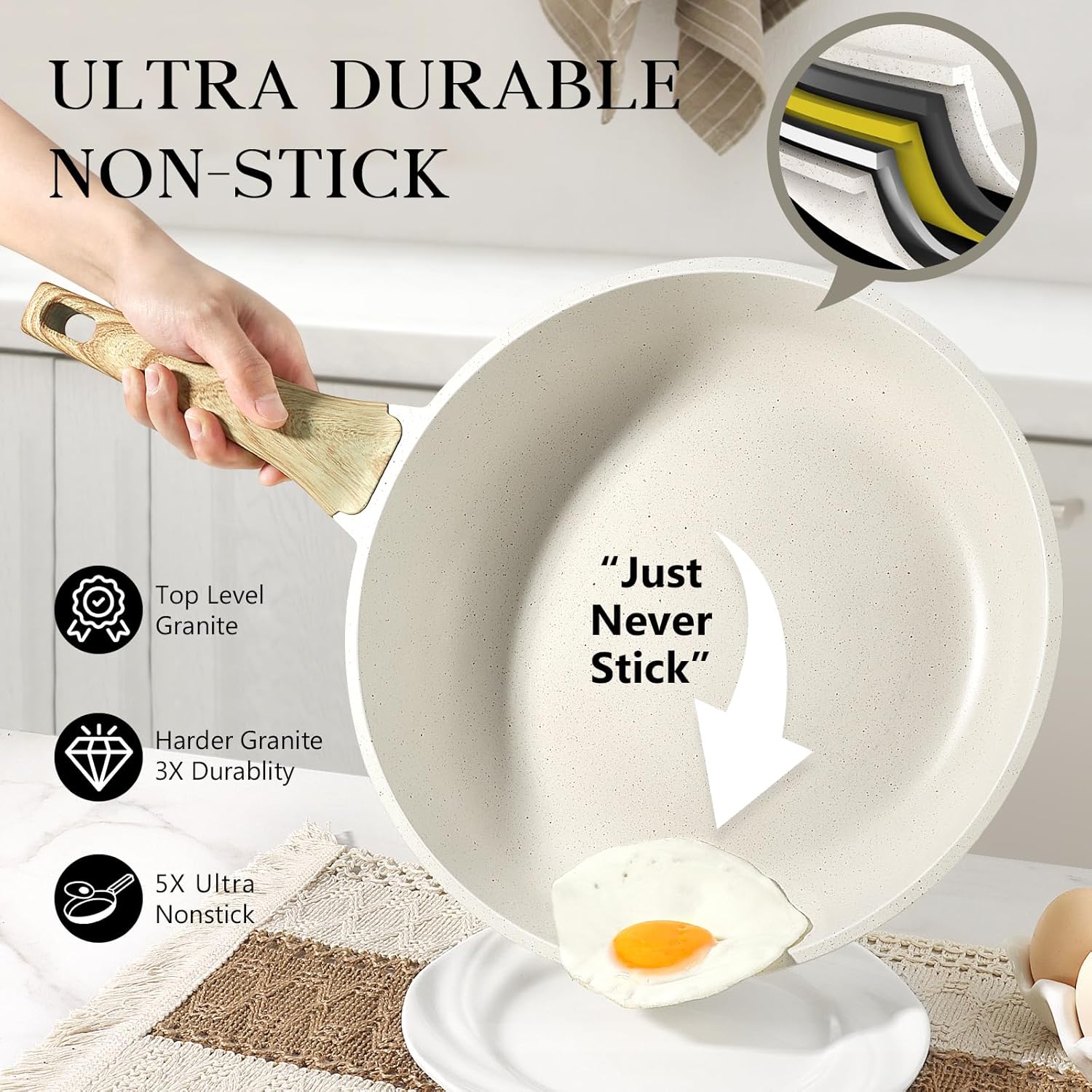 GiPP Nonstick Skillet Frying Pan with Lid,White Granite Non Stick Pans,Omelette Pan with Heat-Resistant Handle,Compatible with All Stovetops,PFOA Free (White, 28cm+Lid) - Image 3