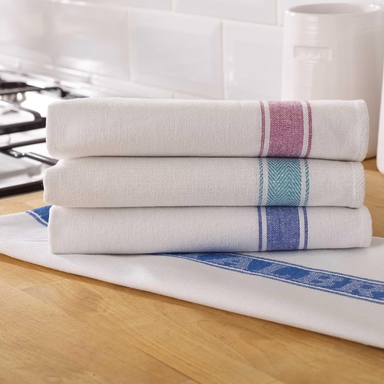 Vision Linens Union Linen Pack Of 5 Kitchen Glass Cloth Tea Towel Assorted Red, Blue & Green Striped, 51 x 76cm (20” x 30”), For Drying & Polishing, Cotton Rich, Absorbent, Catering, Professional