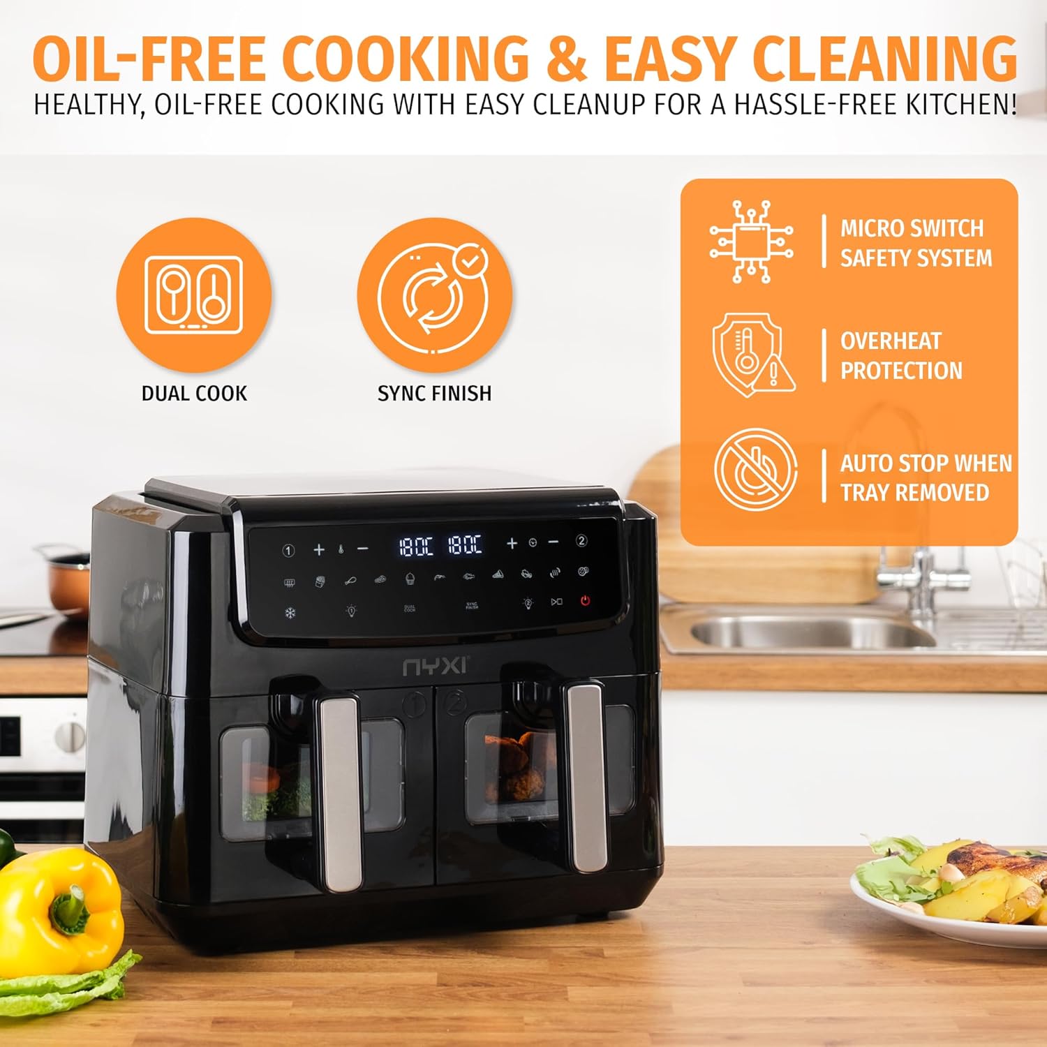 Nyxi Air Fryer 9L Dual Basket (4.5L Each), Visual Window, 13 Cooking Modes, Digital Control, Adjustable Temperature, Timer, Non-Stick Tray, Energy-Saving (Dual Basket, 9 Litre, Model 3867) - Image 2