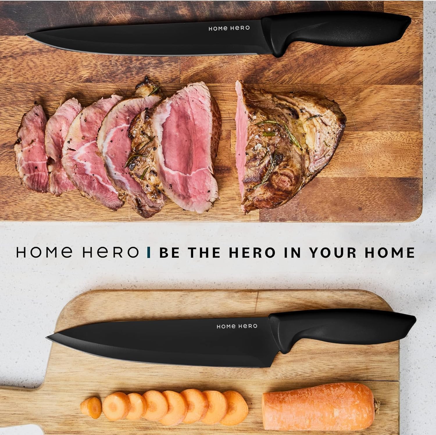 Home Hero 5-Piece Kitchen Knife Set with Protective Sheaths & 2-Stage Sharpener, Black Stainless Steel Chef, Bread, Carving, Utility & Paring Knives - Image 7