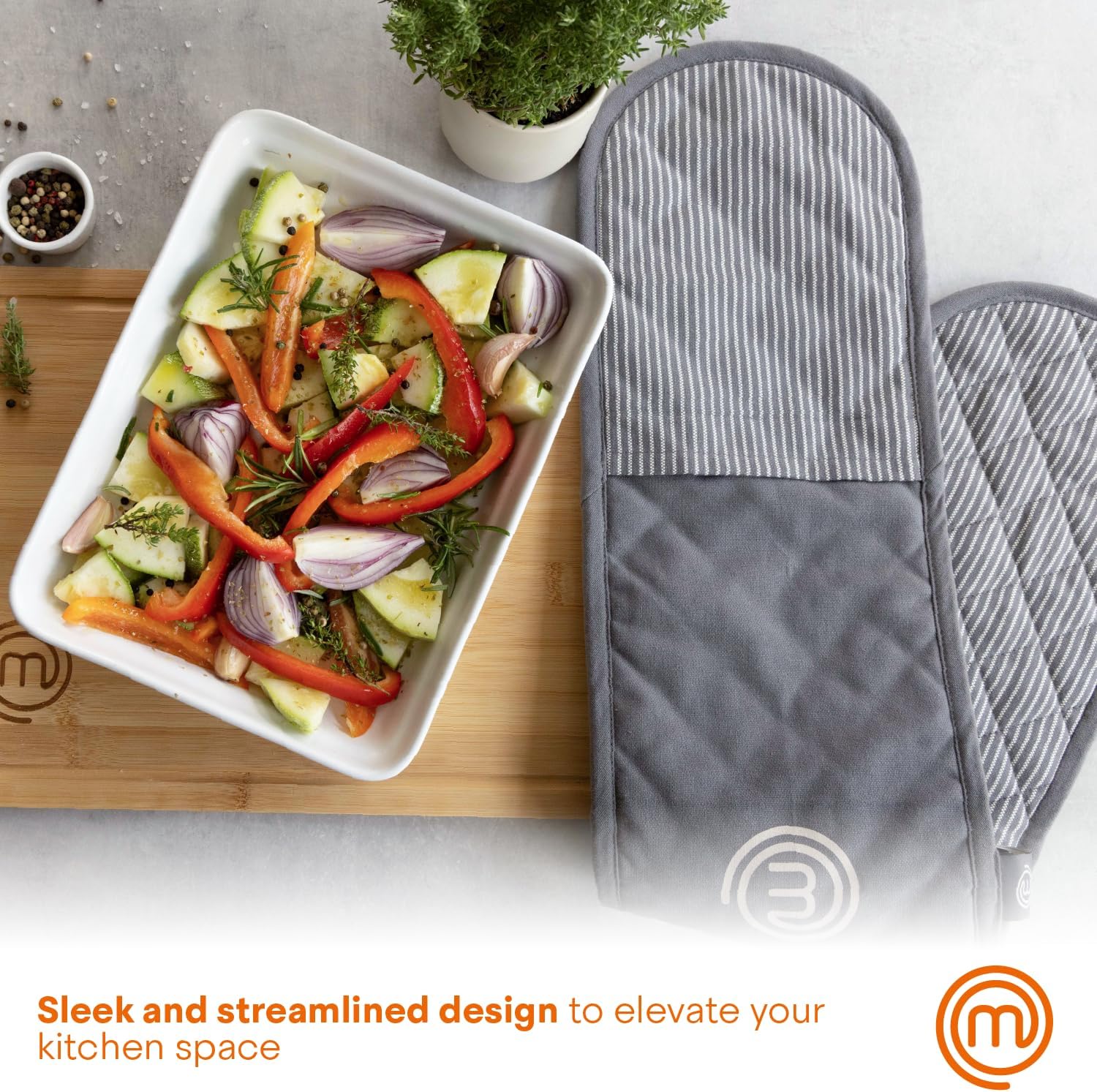 MasterChef Oven Gloves Heat Resistant, Double Oven Gloves Made from Cotton with Official Show Logo & Hanging Loop, Attached Oven Mitts, Machine Washable, Heat Proof Pot Holders for the Kitchen, Earth - Image 2