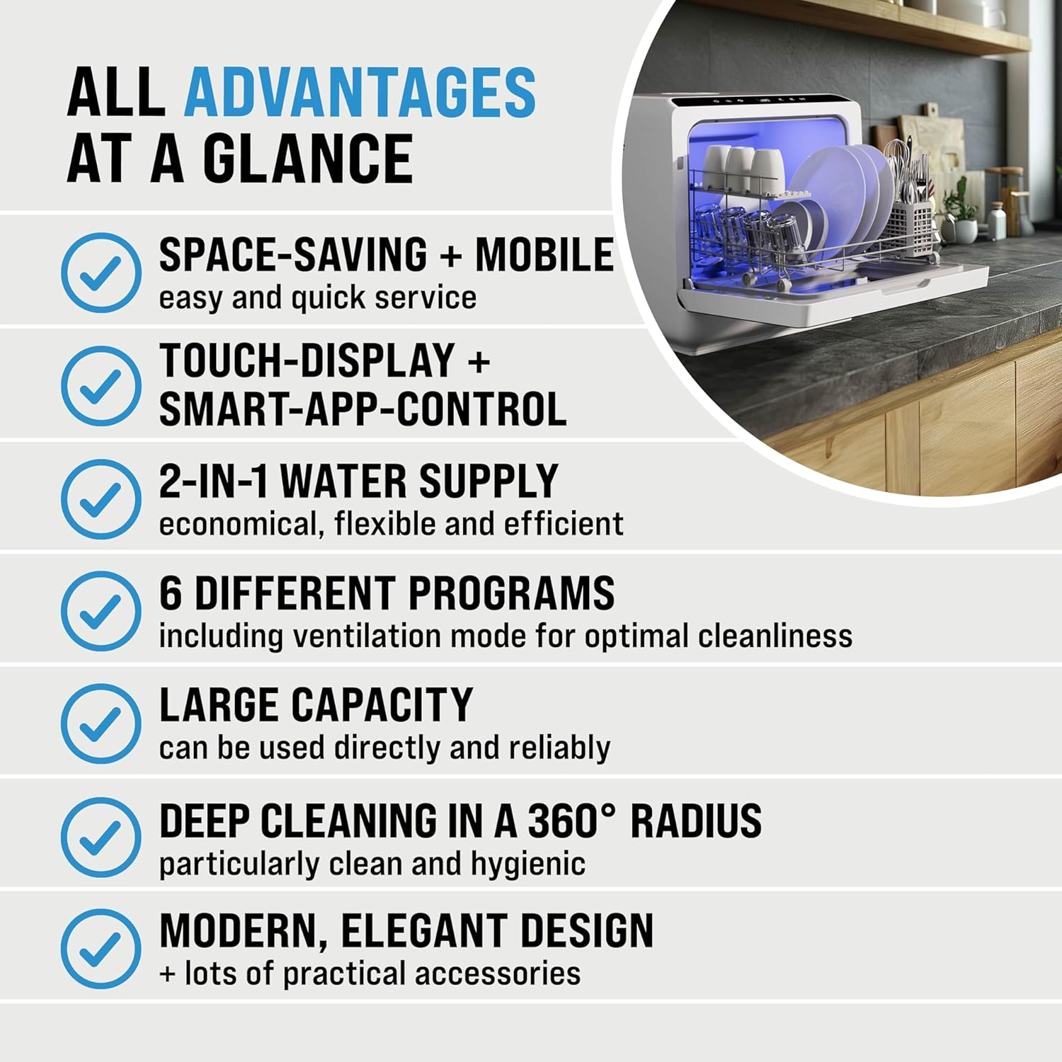 MONZANA® Tabletop Dishwasher with 4.5 Litre Water Tank | No Water Connection Needed | WiFi App 6 Programs 4 Place Settings | Small 45cm Mini Single Dish Washer - Image 9