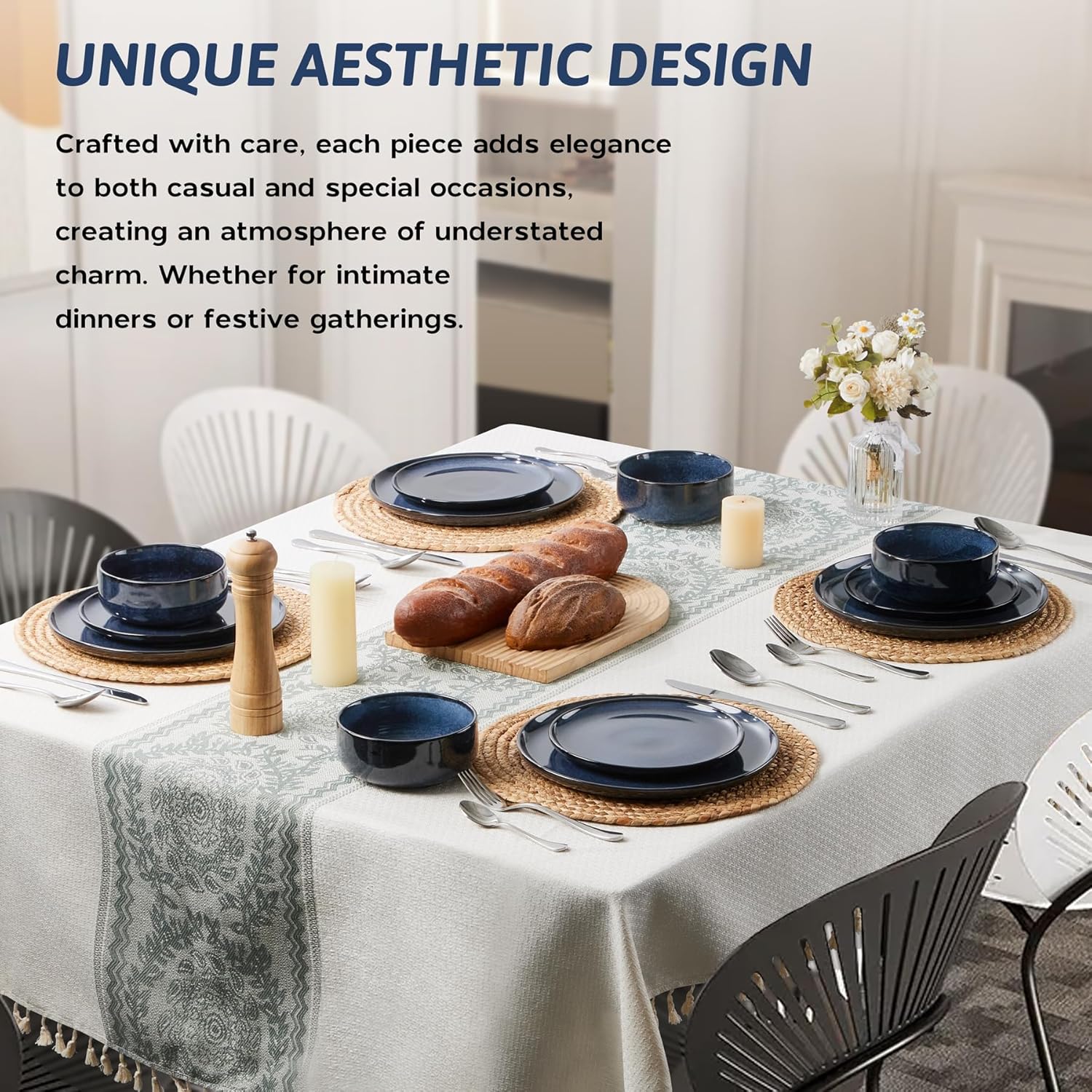 HaWare Dinner Set, 12 Piece Stoneware Dinnerware Service for 4, Reactive Glaze Dining Ware Include Plates and Bowls, Chip and Scratch Resistant, Microwave & Dishwasher Safe, Nebulas Blue - Image 7