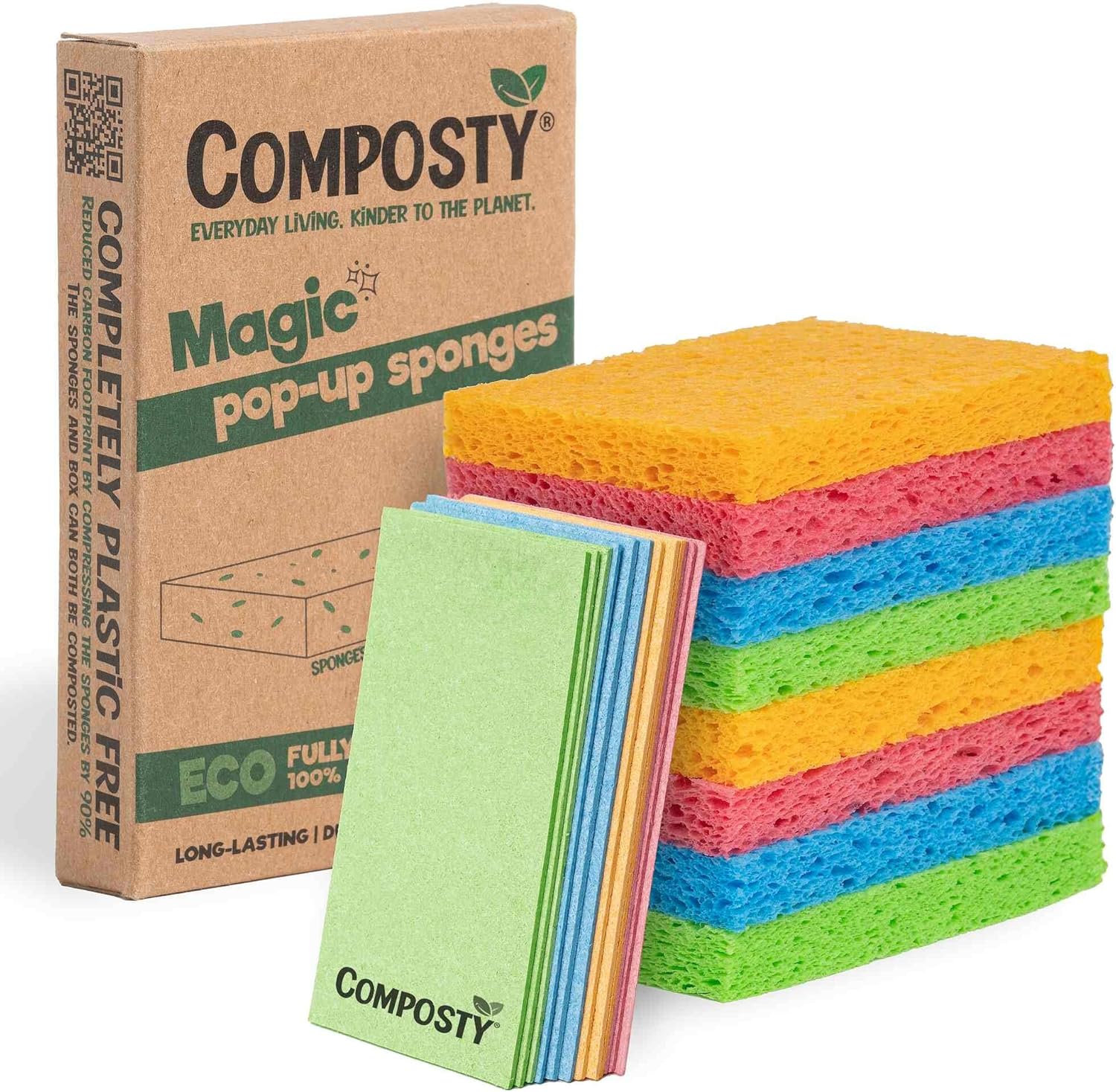 Pop-Up Sponges 12 Pack | Eco Sponges Washing Up | Compostable Kitchen Sponge | Plastic Free, Non-Scratch | Reusable Cellulose Pads | Multiuse, washable, reusable, long-lasting, durable